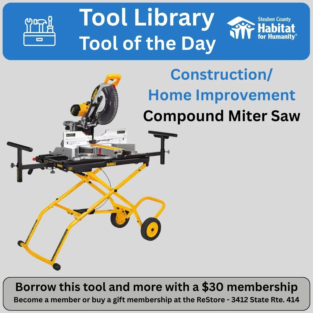 One of our rockstar tools. This contractor grade compound miter saw can easily handle big jobs requiring complex cuts. Great for everything from 2x4&rsquo;s to molding. As a member of @sctoollibrary you can use this for your projects. @corningrestore