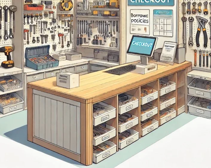 A drawing of at Tool Library  with drawers filled with other hardware items, a computer monitor displaying checkout, and various tools and supplies on the walls.