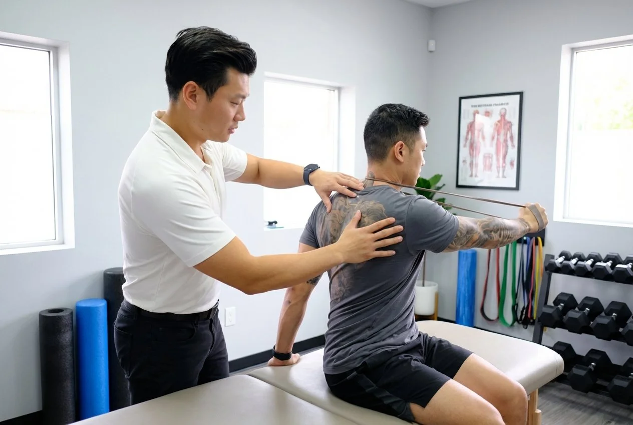 Patient receiving one-on-one corrective exercise guidance at a sports physical therapy clinic in Sunrise