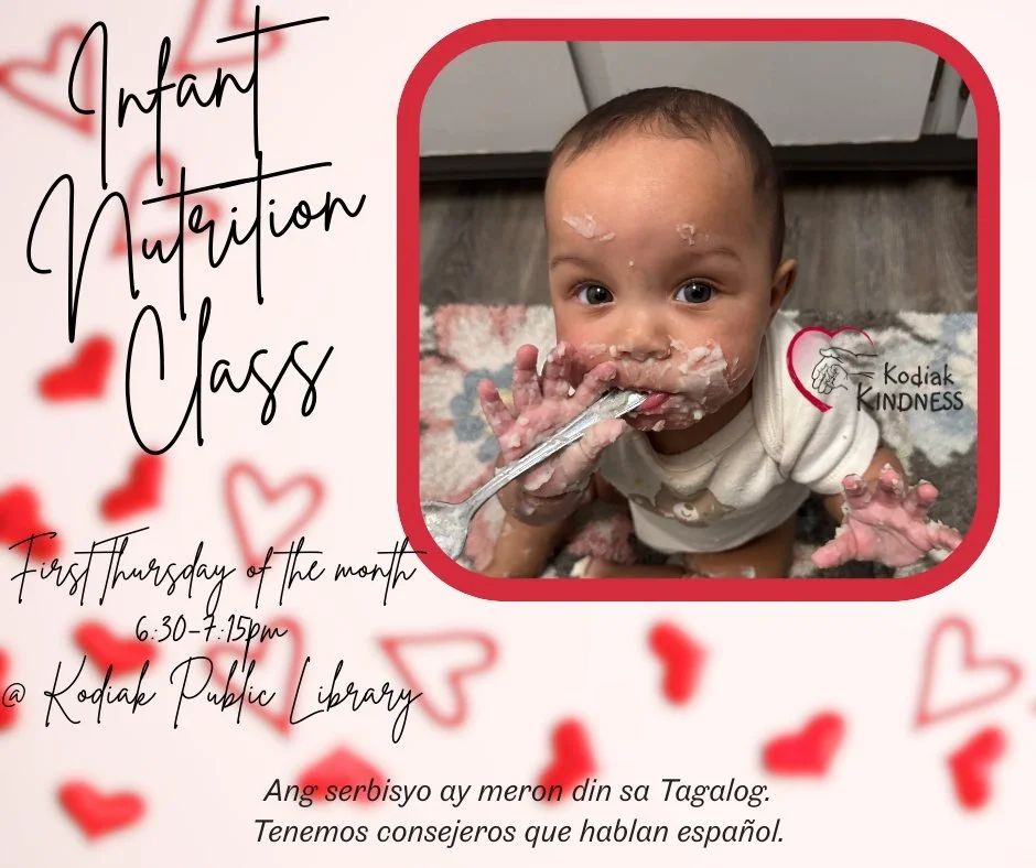 Thursday, February 5 - FREE infant nutrition class! 🍌🥑🍓

Register by calling or texting (907)539-2660 or by following the link: https://kodiakkindness.org/contact/

Have questions? Get answers! Learn about the importance of tasting flavors, how to