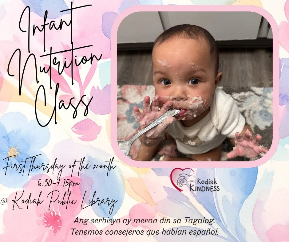 FREE infant nutrition class 🍌🥑🍓 Thursday, August 6, 2026 
6:30-7:15pm at the Kodiak Public Library

Learn about the importance of tasting flavors, how to know when baby is ready for solids, and when to introduce water in a cup.

All family members