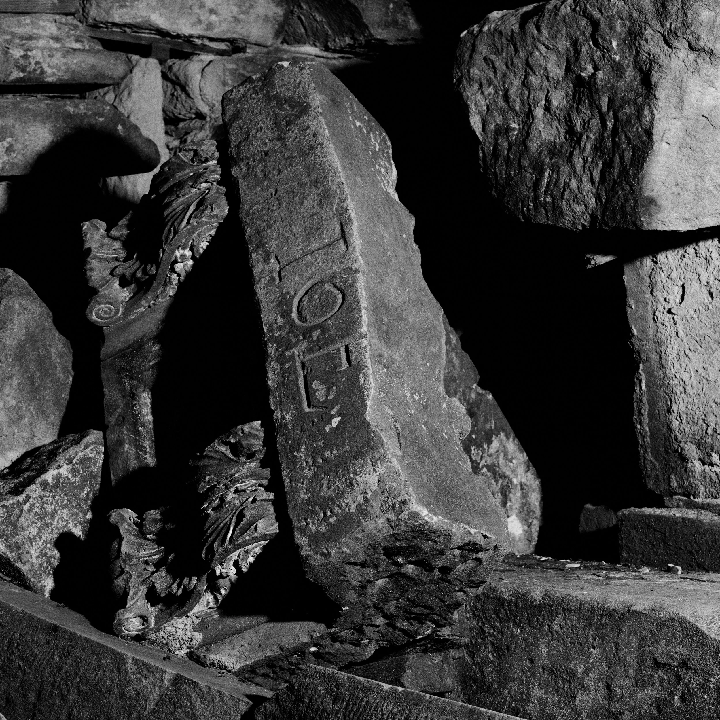 Documentary photograph of discarded U.S. Capitol stones overgrown in Rock Creek Park