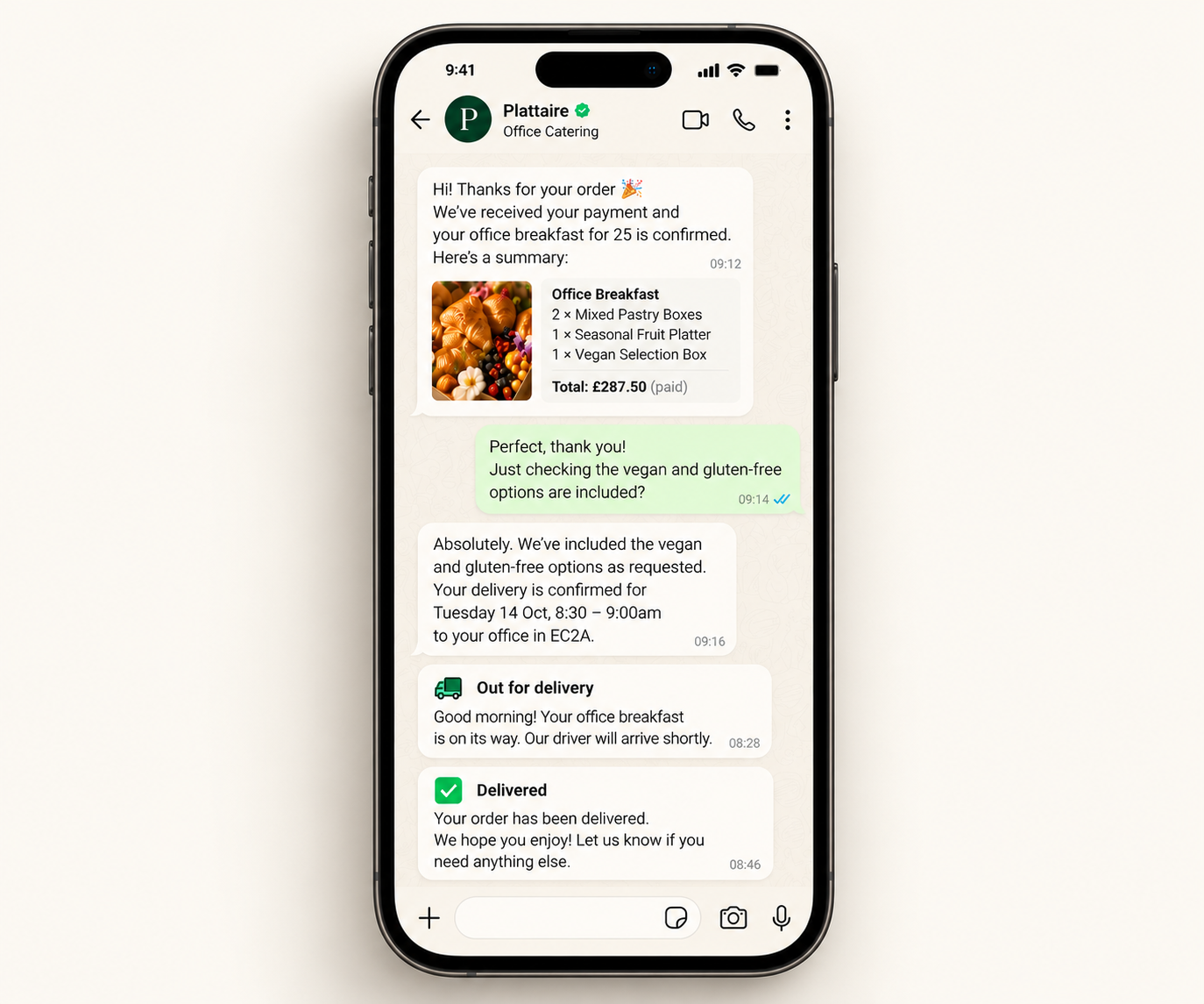 Illustrative Plattaire office catering conversation showing payment confirmation, dietary requests and delivery updates