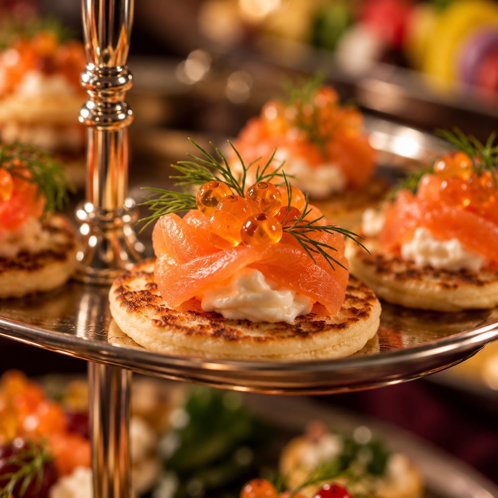 Luxury smoked salmon blini canapés by Plattaire London