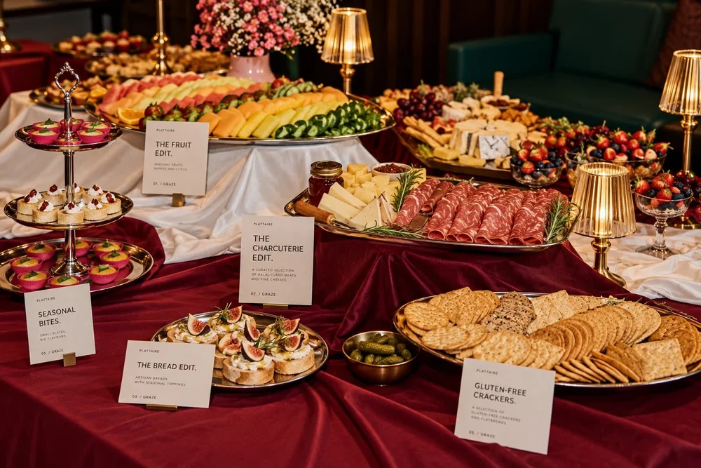 Evening grazing table in London with charcuterie, cheeses and fruit
