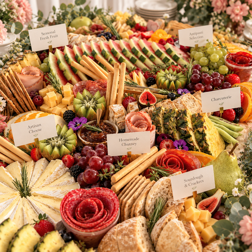 Corporate grazing table with artisan cheeses, charcuterie and fresh fruit