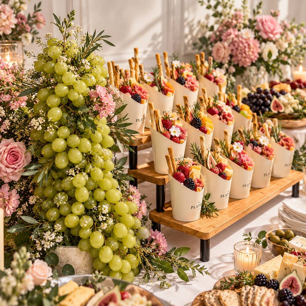Luxury event styling with grape tower, florals and grazing cups by Plattaire London