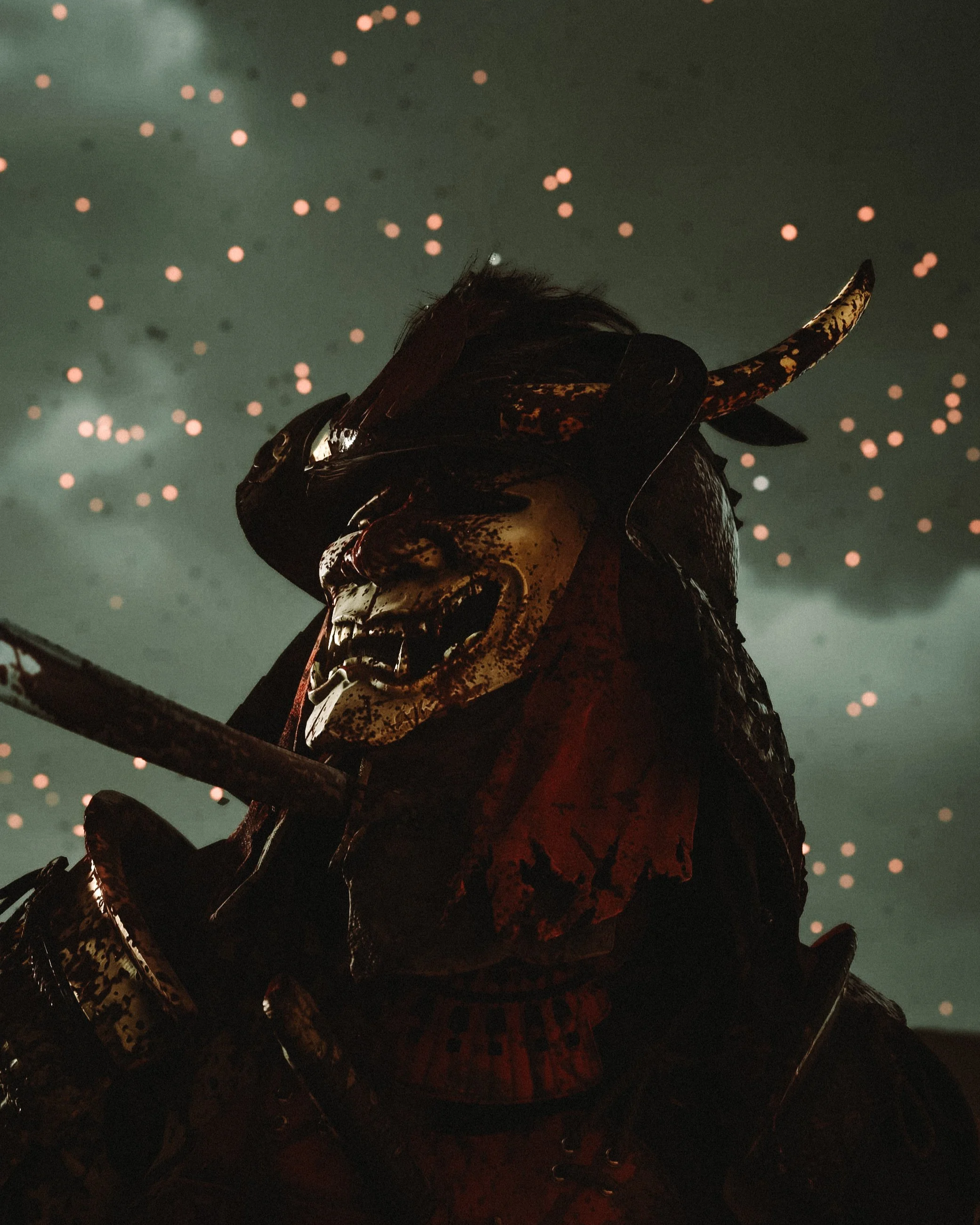 "The Oni Raider's mask perfectly blends creepiness with coolness. His bloodied armor, lit by cold moonlight and warm fire, reminds us that violence is near." – David (@spideroftsushima)
