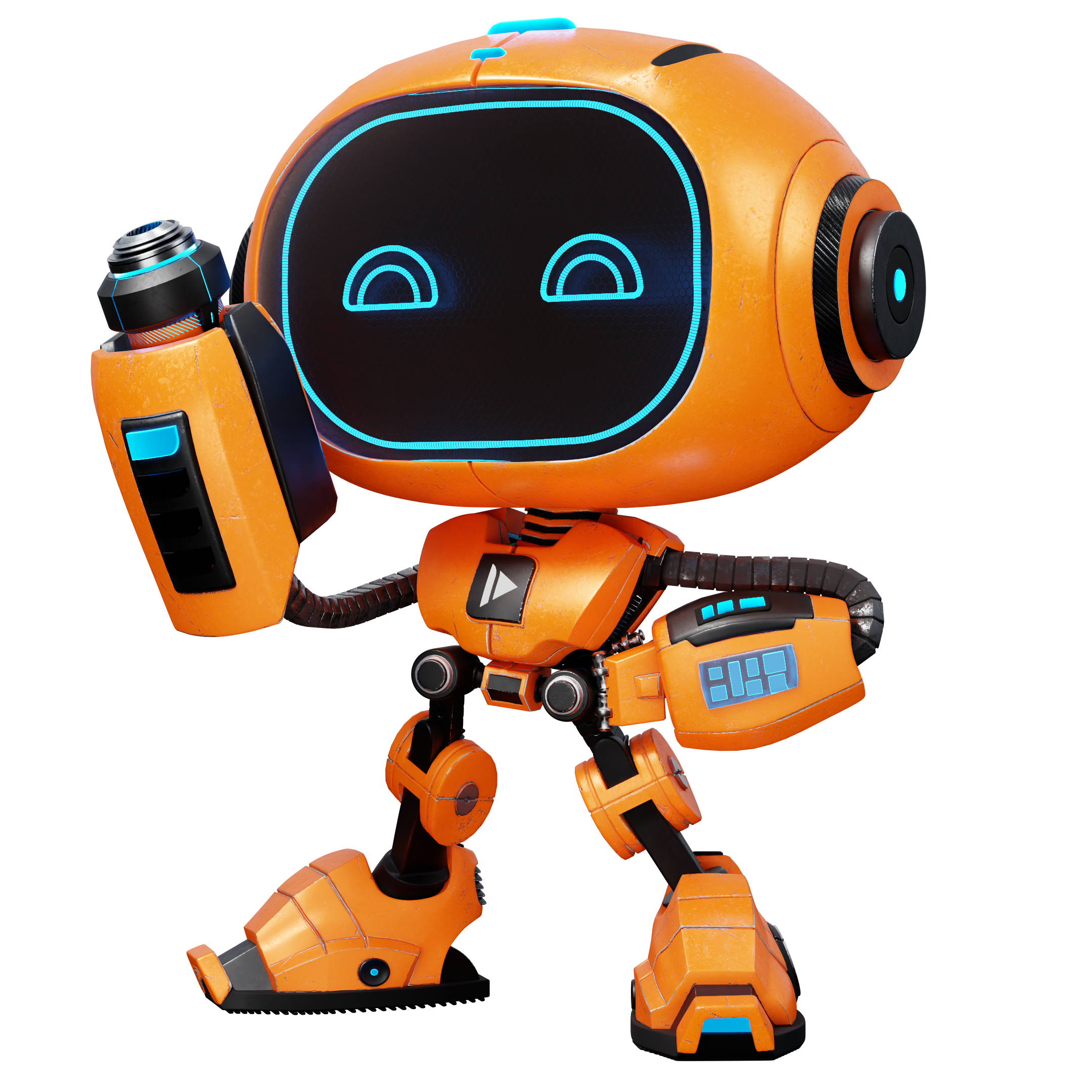 A small orange robot with a large, rounded head, a black face display with blue lines, and blue lights. It is holding an orange and black object in its right hand. It is the mascot of the Brazil Game Show event.