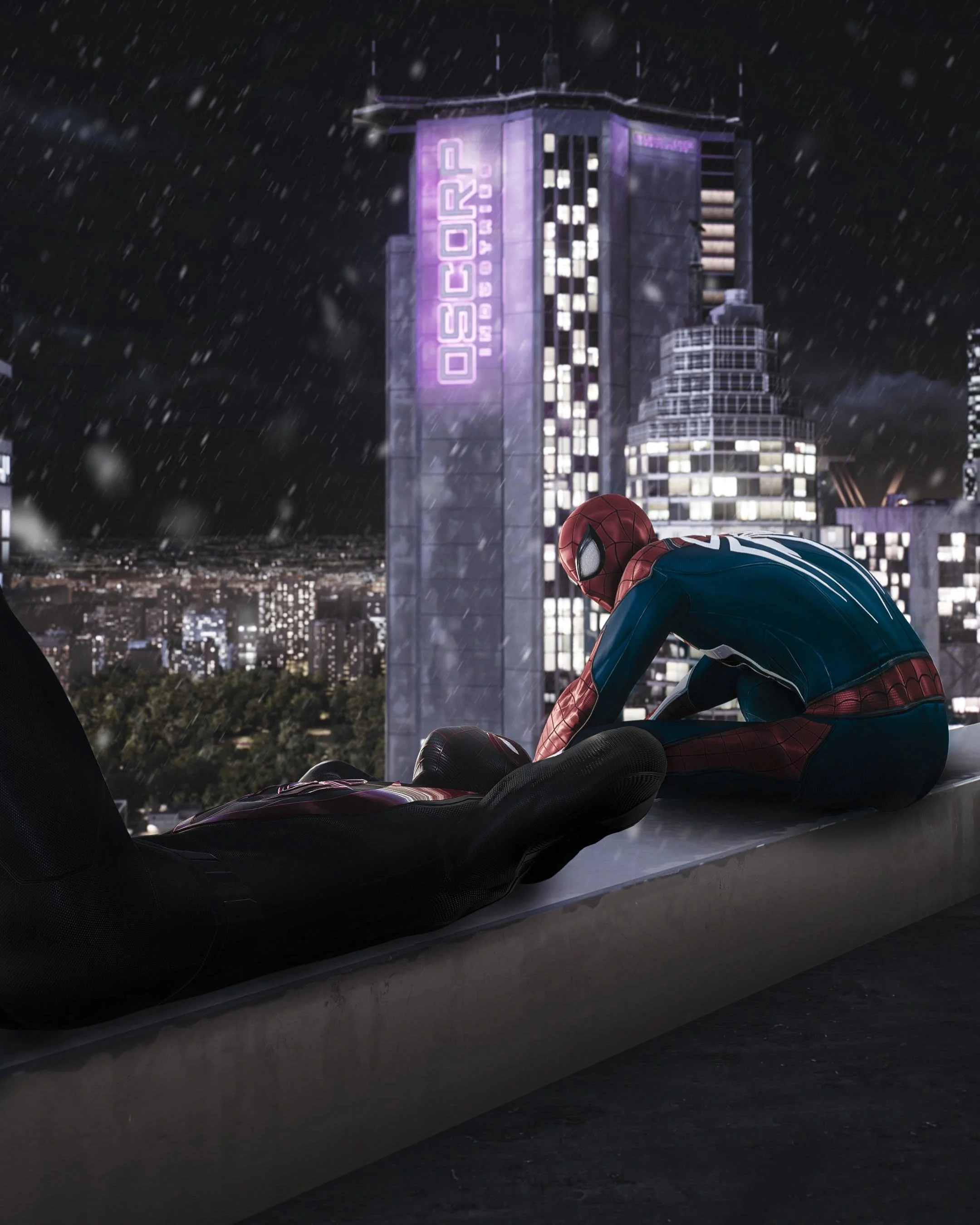 Spider-Man leaning over and holding the hand of a person lying on a ledge in a city at night with rain and illuminated buildings, including a skyscraper with a neon sign that reads 'O'SCORP'
