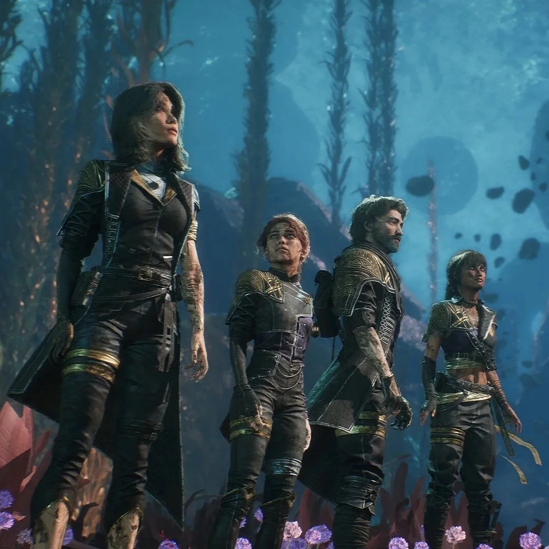 Four characters in futuristic armor standing underwater with tall algae and glowing flowers at their feet. (Lune, Maelle, Gustav, Sciel)
