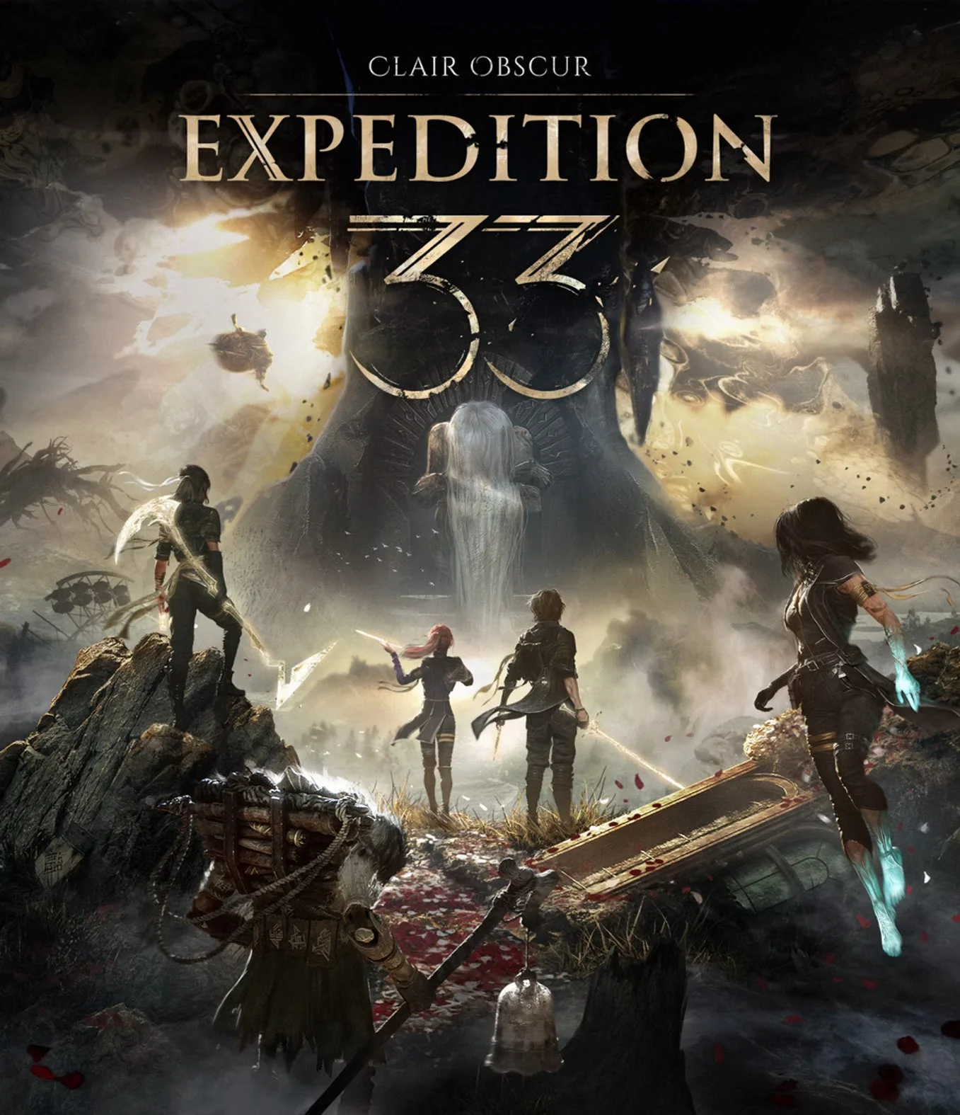 Video game cover art for 'Clair Obscur: Expedition 33' with a dark, apocalyptic landscape, four characters fighting amidst debris, and a large ominous face in the background.