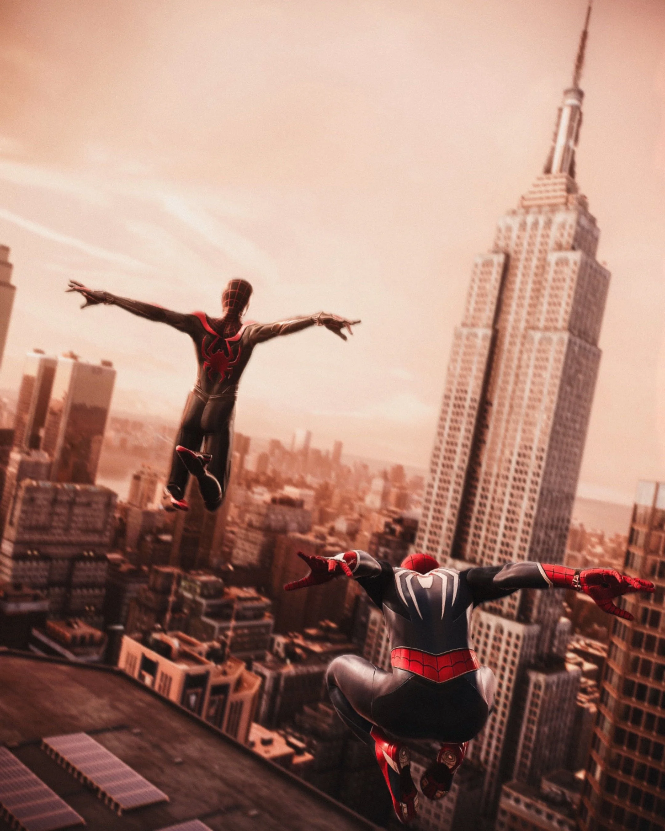 Spider-Man and Miles Morales swinging through New York City skyline at sunset.