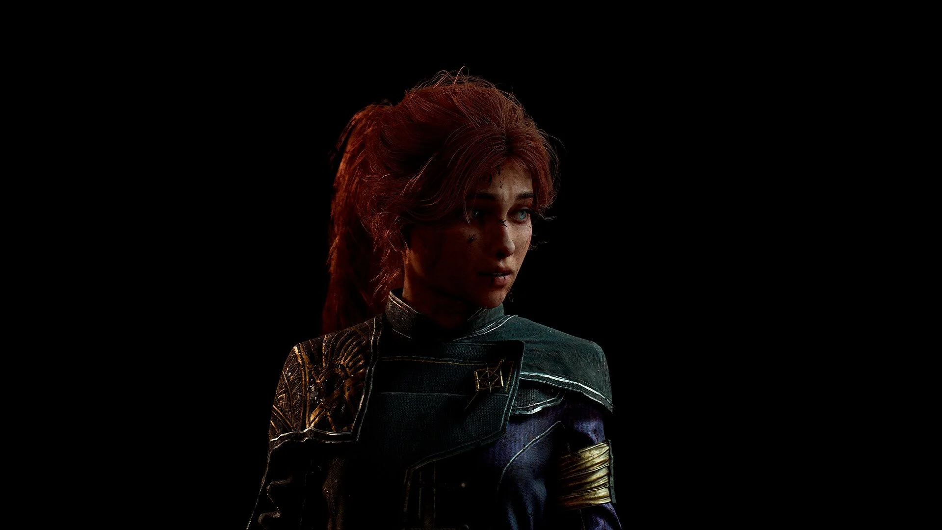 A woman with red hair and blue eyes wearing a futuristic, armored outfit against a black background. (Maelle)