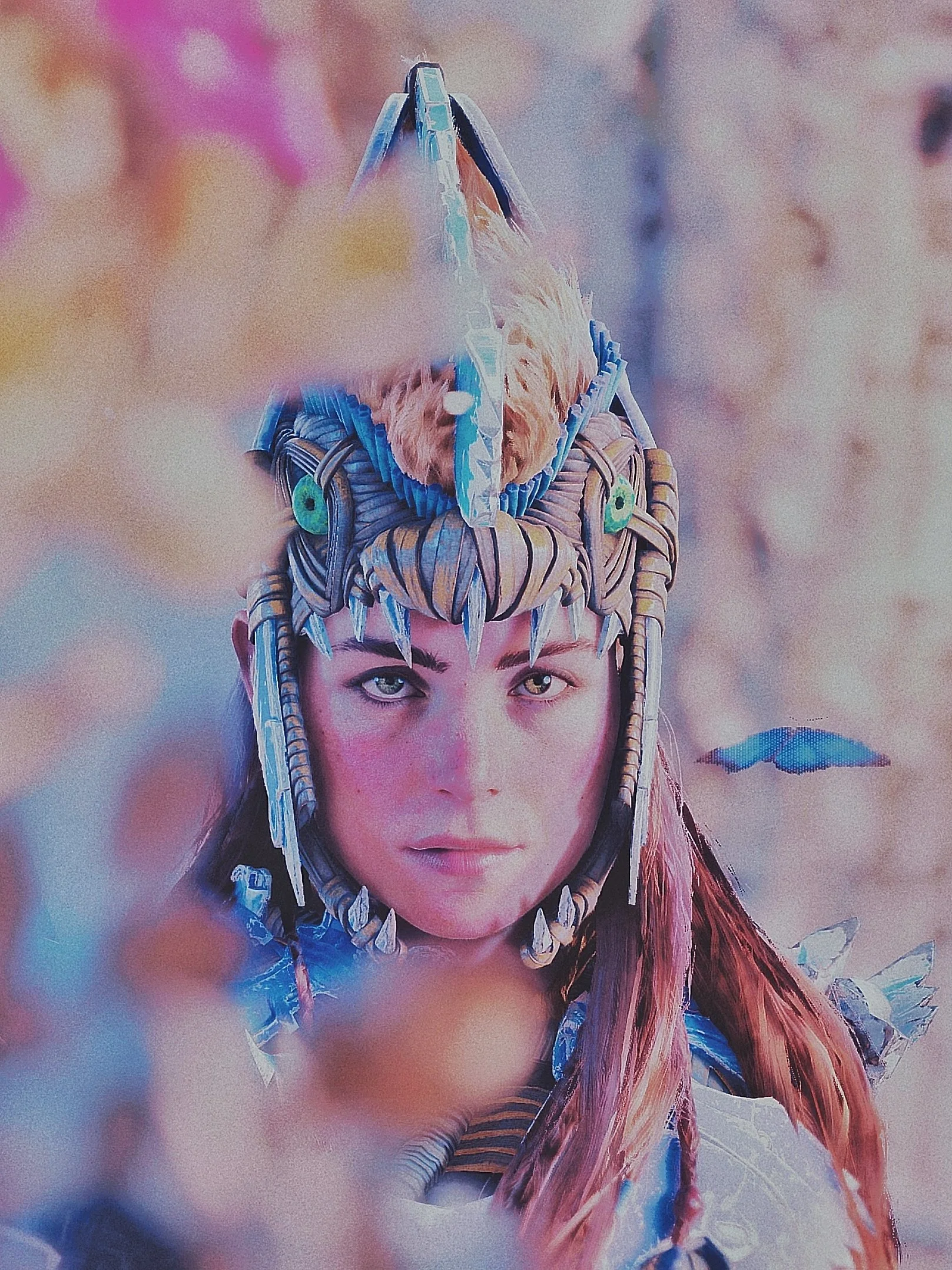 A woman wearing a detailed headpiece inspired by a flying machine, with intricate scales, spikes, and vibrant colors.