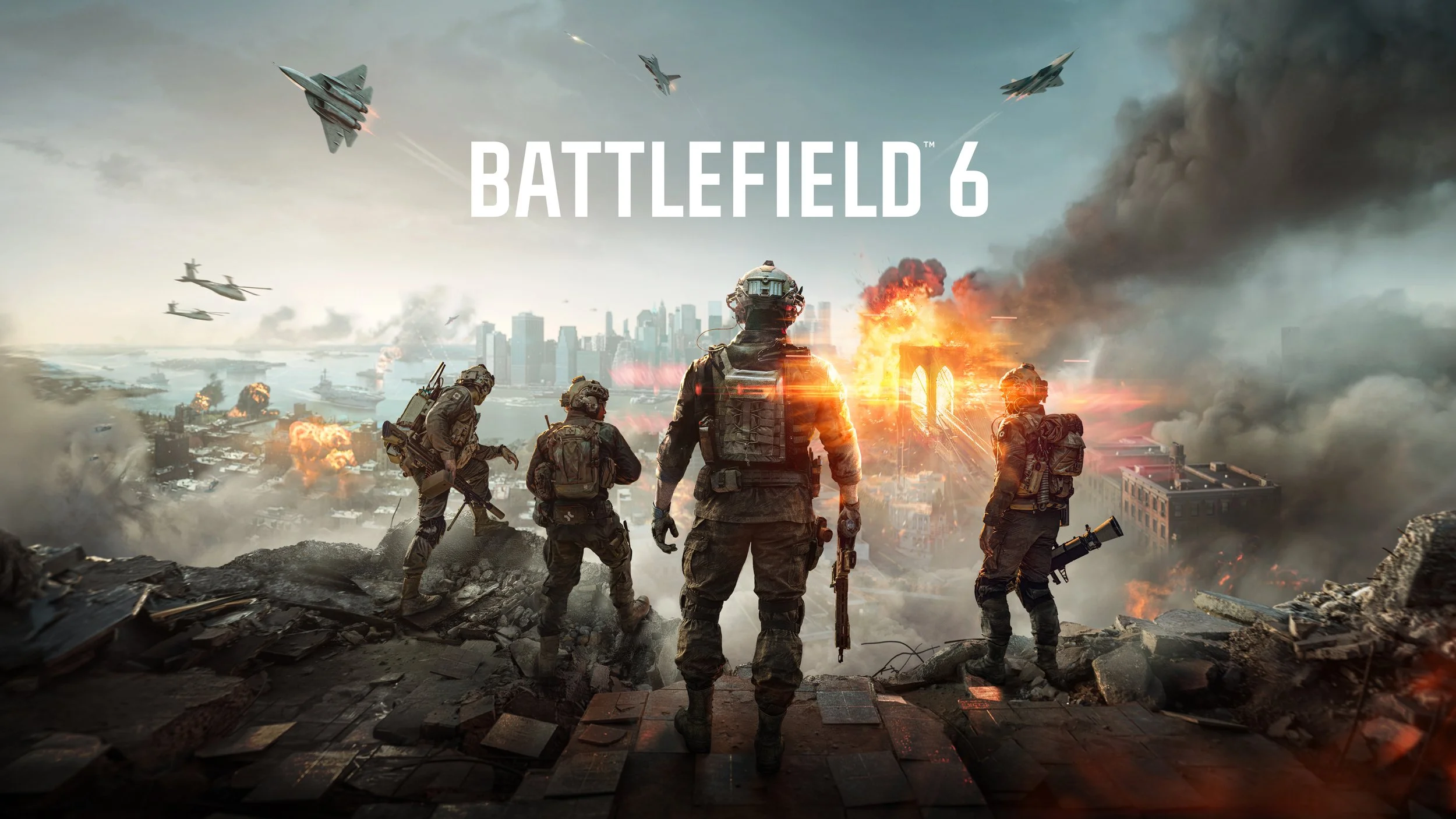 Futuristic battlefield with soldiers in combat gear overlooking a city under attack, with explosions, smoke, and fighter jets in the sky, promoting the Battlefield 6 video game.