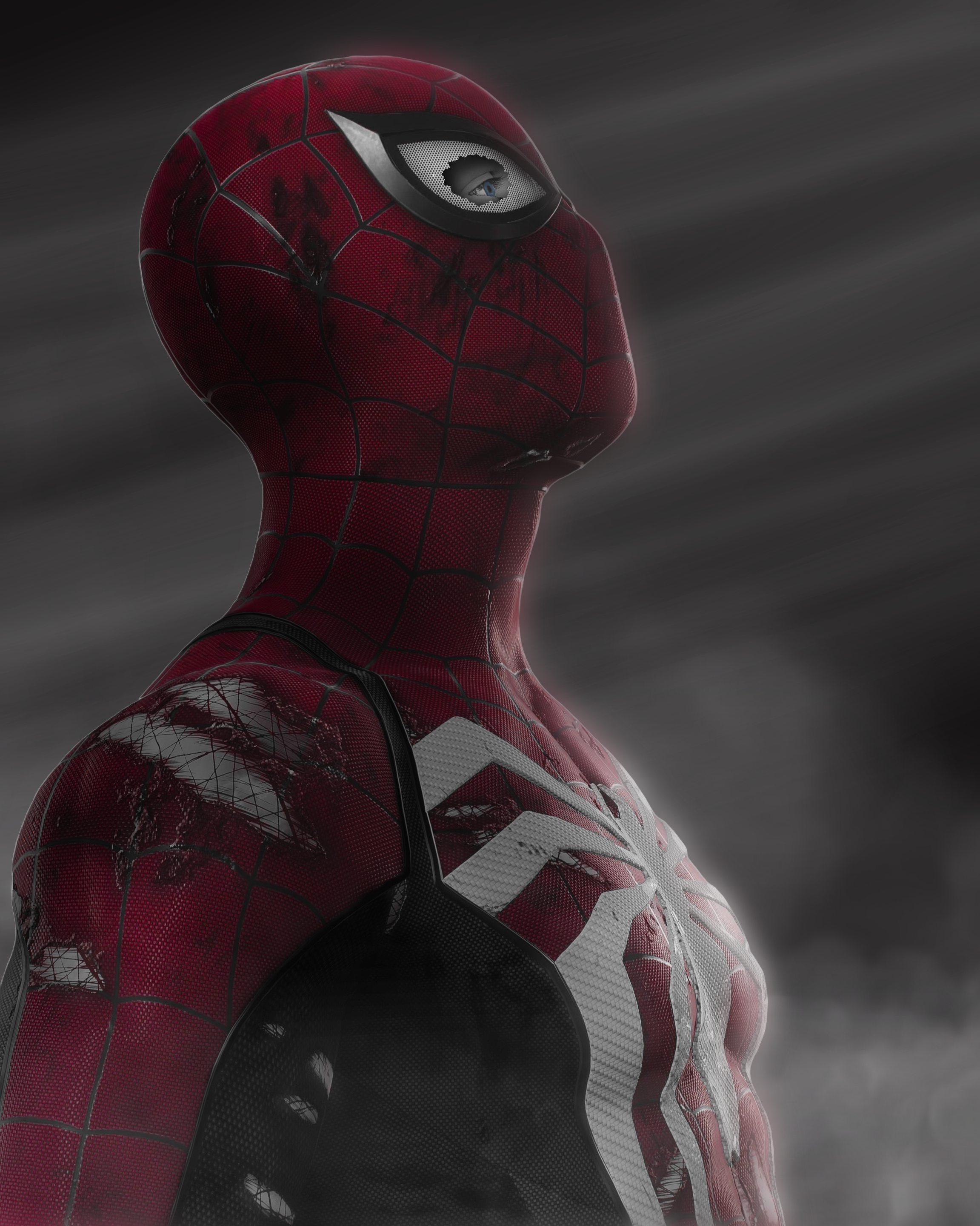 Close-up of a superhero costume resembling Spider-Man, featuring a red and black suit with web patterns, a large white spider emblem on the chest, and a mask with eye lenses, set against a cloudy, dark background.