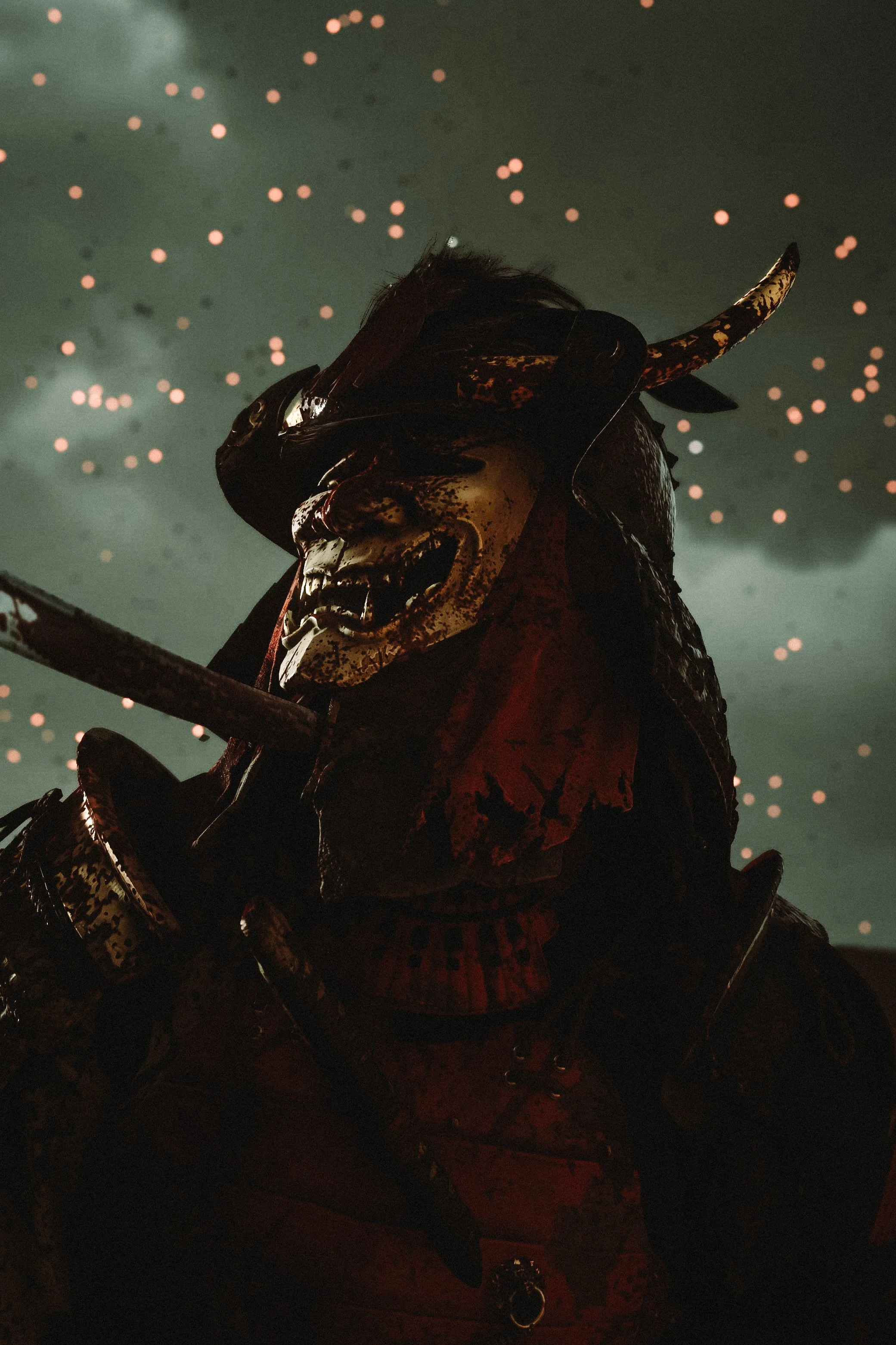 "The Oni Raider's mask perfectly blends creepiness with coolness. His bloodied armor, lit by cold moonlight and warm fire, reminds us that violence is near." - David (@spideroftsushima)