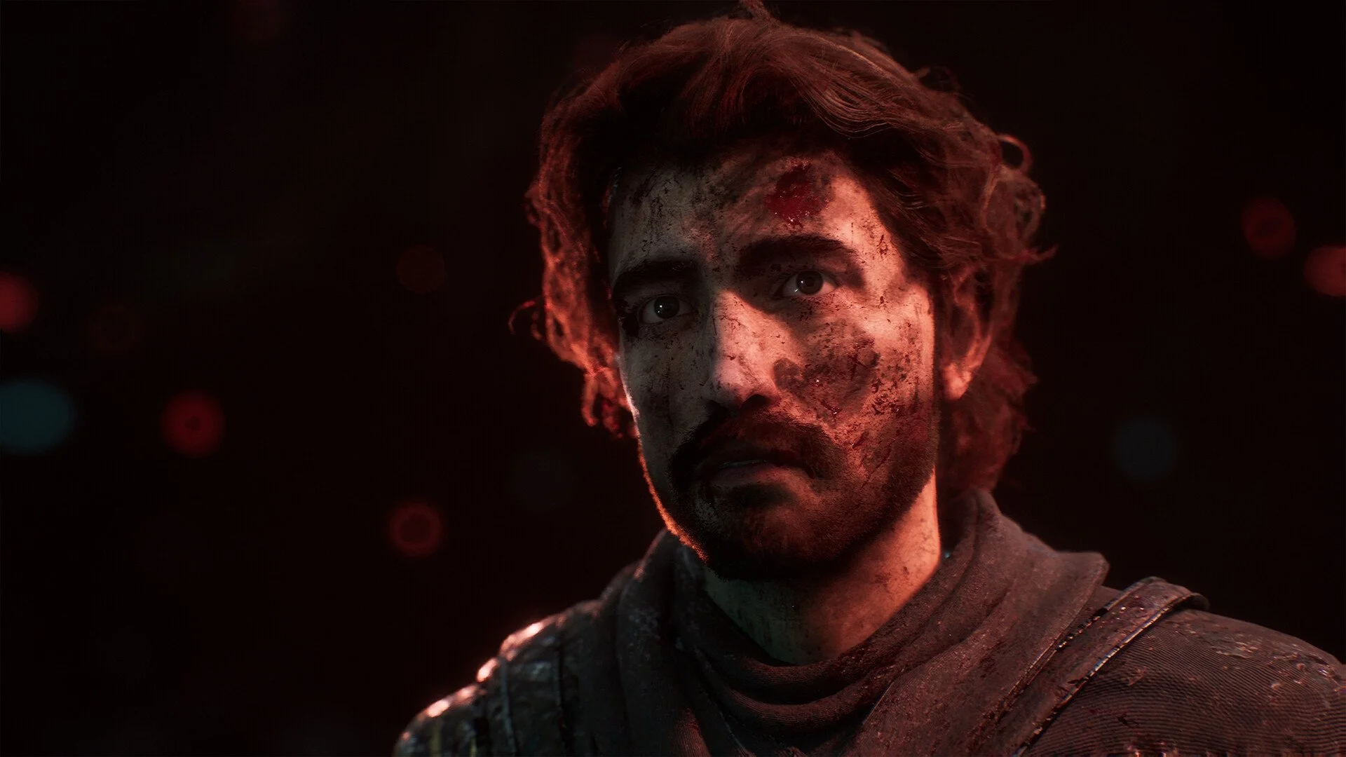 A close-up of a man with a dirty face, intense expression, and shoulder armor, illuminated by red lighting, against a dark background with blurred colorful lights. (Gustav)