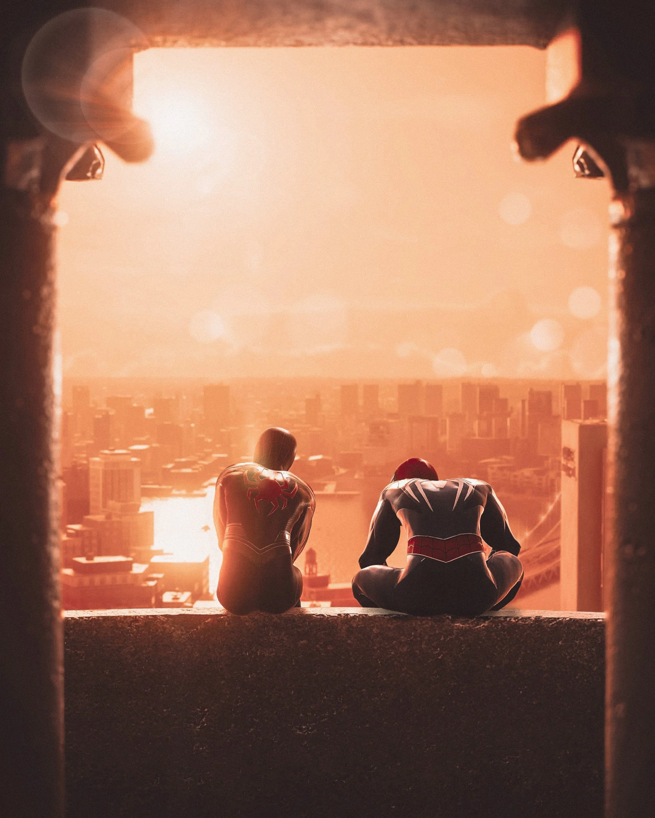 Two superheroes, Spider-Man and Spider-Man in a black and red suit, sitting on a rooftop ledge overlooking the city skyline at sunset.