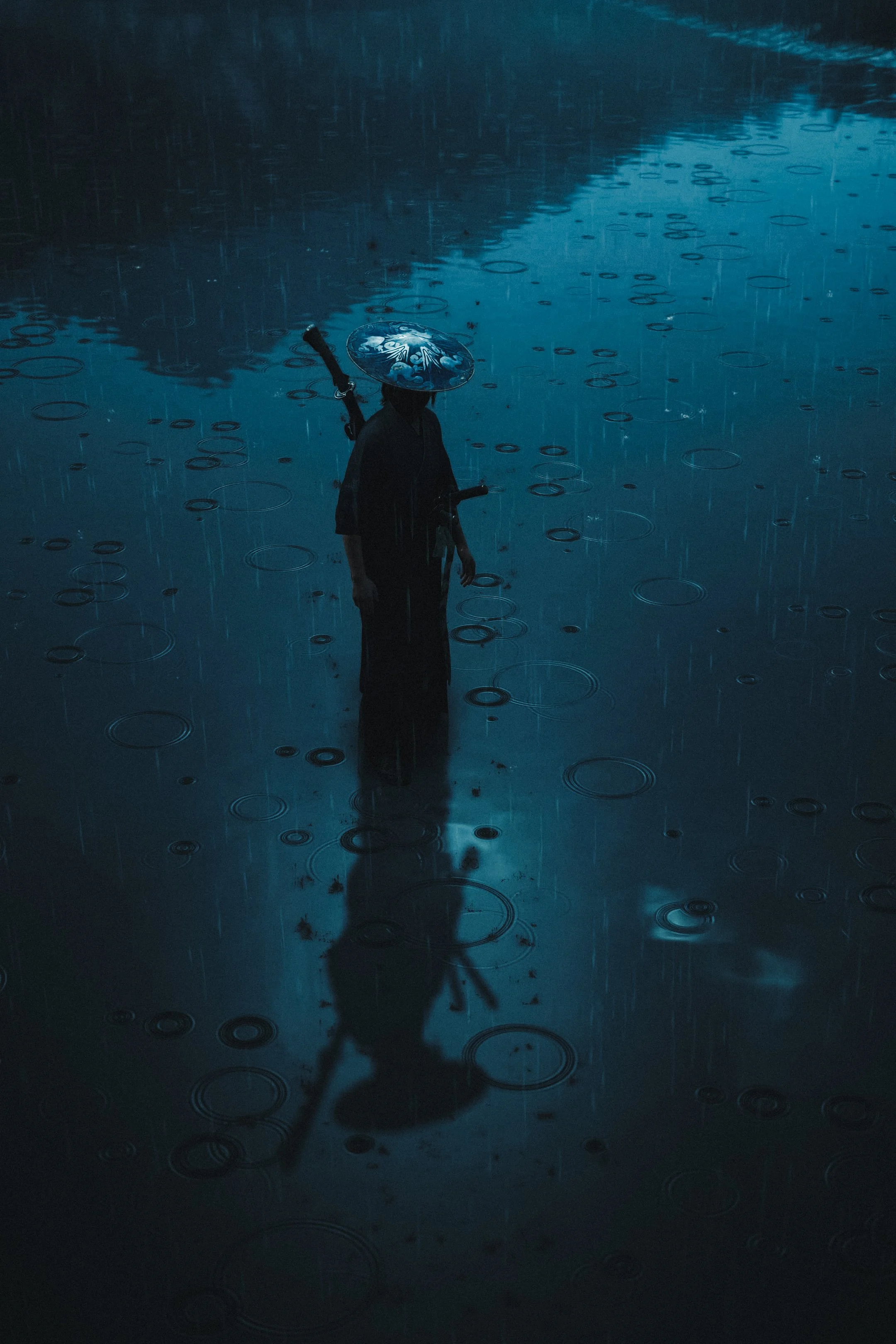 "I knew right away that I wanted to capture the rain in a reflective rice paddy. I was able to change the cloud position and time of day to further silhouette Atsu and her shadow, creating a simple yet emotive composition." – David (@spideroftsushima