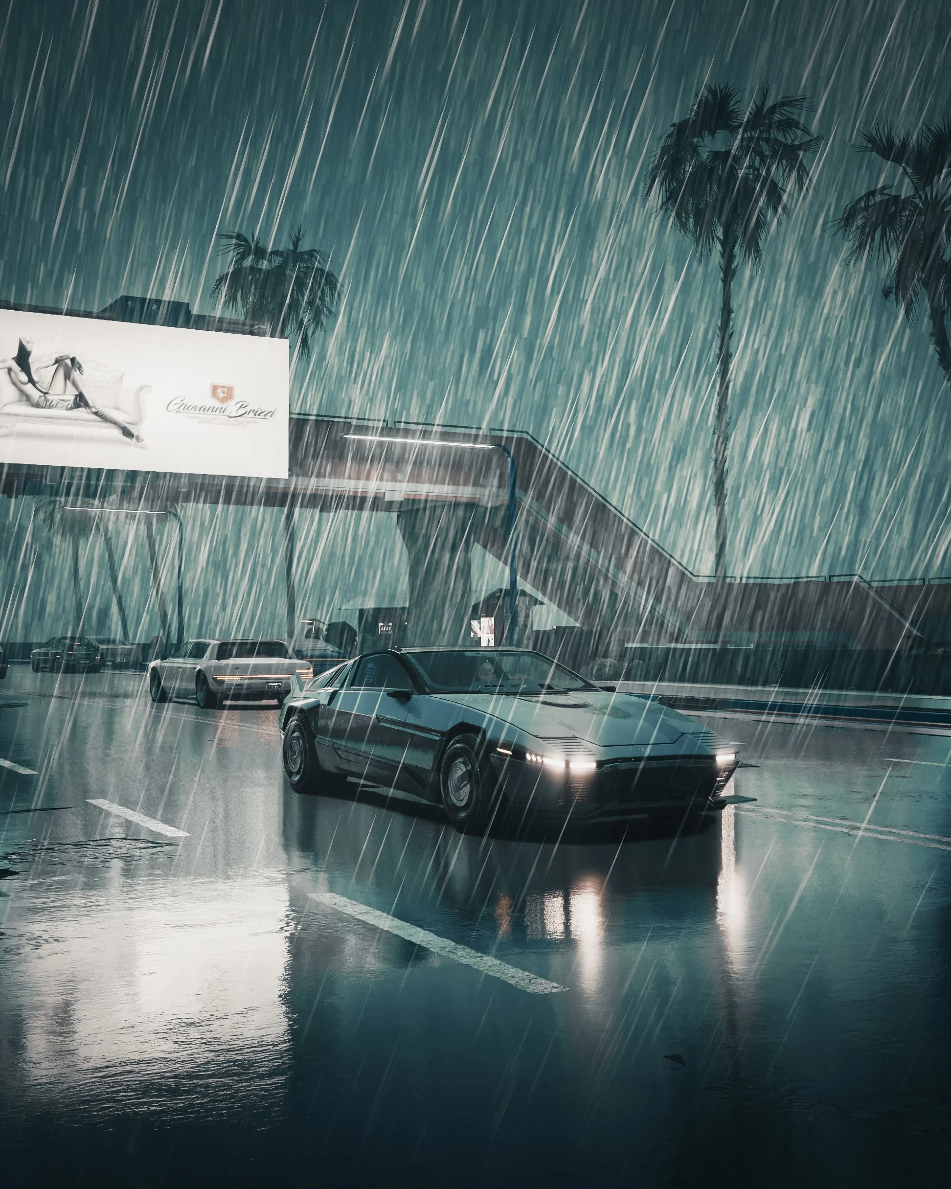 "This piece focuses on the moody atmosphere of Night City, usually surrounded by constant chaos. As chaotic as it is, there’s so much beauty in Night City that we tend to forget. V is a special character, but what is Night City to the average person 