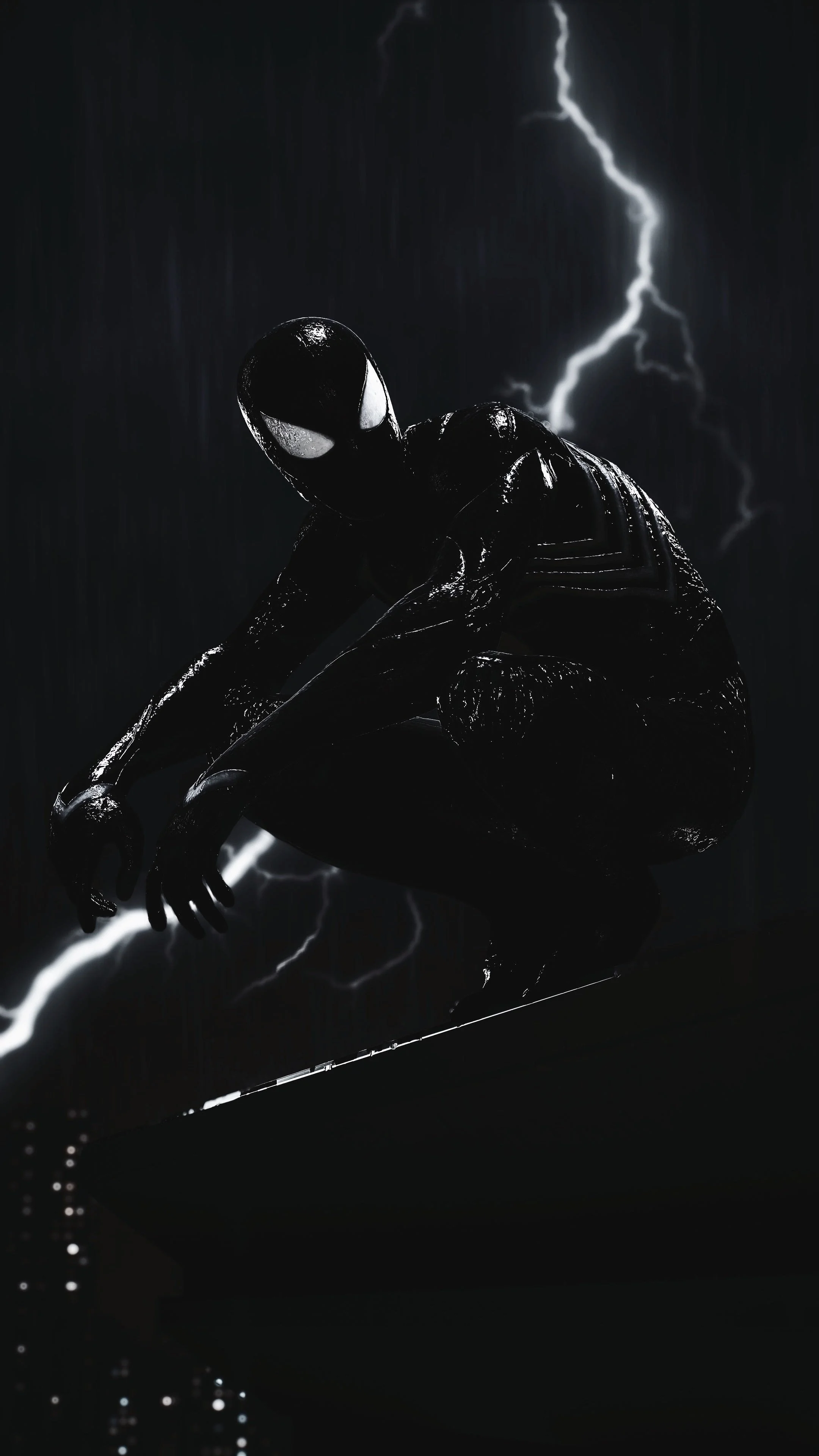 Spider-Man in a black superhero suit crouching on a ledge in the rain with lightning striking in the background.