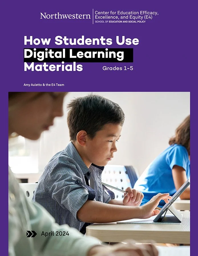 Cover of a Northwestern E4 report titled How Students Use Digital Learning Materials, showing an elementary student using a tablet in class.