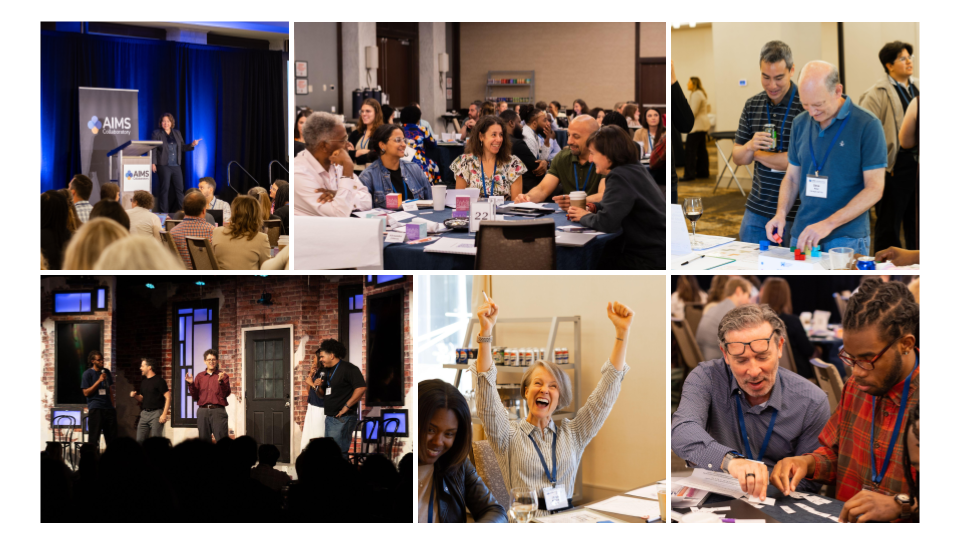 Images capturing a range of activity at the 2026 AIMS convening, including speakers, attendees at tables, and visual portrayals of the work conveyed in the text.