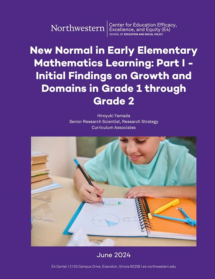 Cover of a Northwestern E4 report titled New Normal in Early Elementary Mathematics Learning, featuring a young student writing in a notebook.