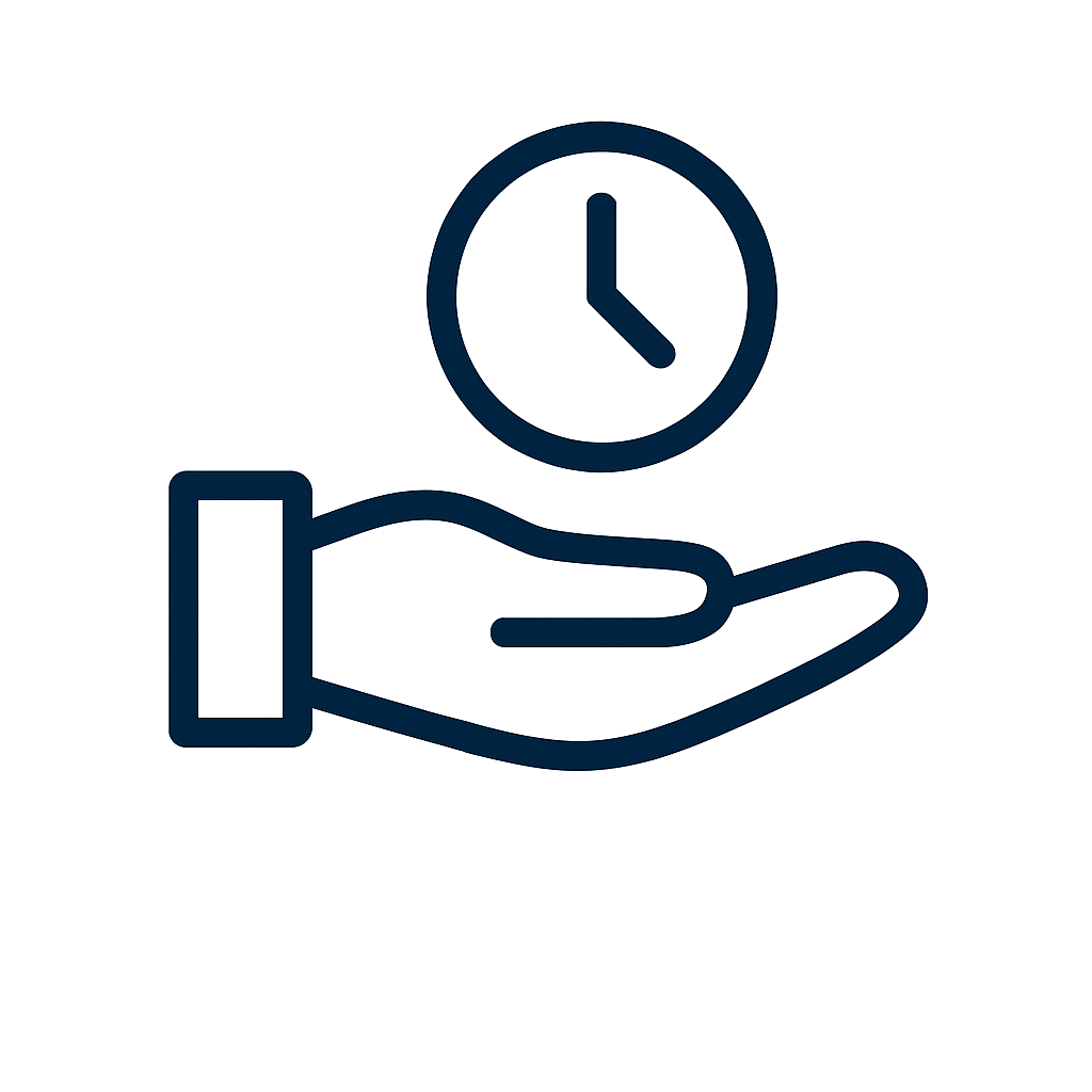 Outline of a hand holding a clock with a circular face showing the time.