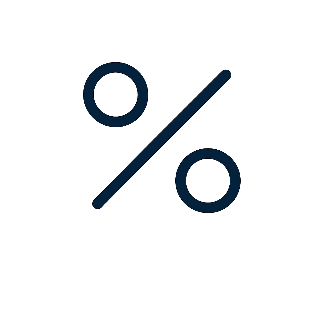Percent icon with a slash through it, symbolizing no interest or no discount.