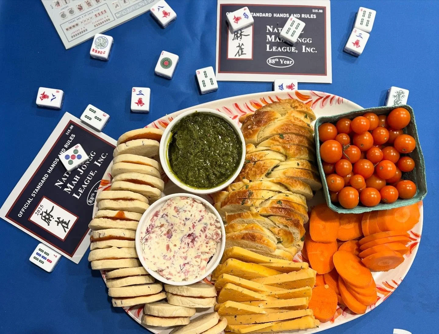 Saturday night Mahjong nibbles board featuring Mixed Herb Challah w. Radish Butter 
Losing goes down easier with delicious snacks🀄️🍷🍞
#mahjong #snackboard #challah