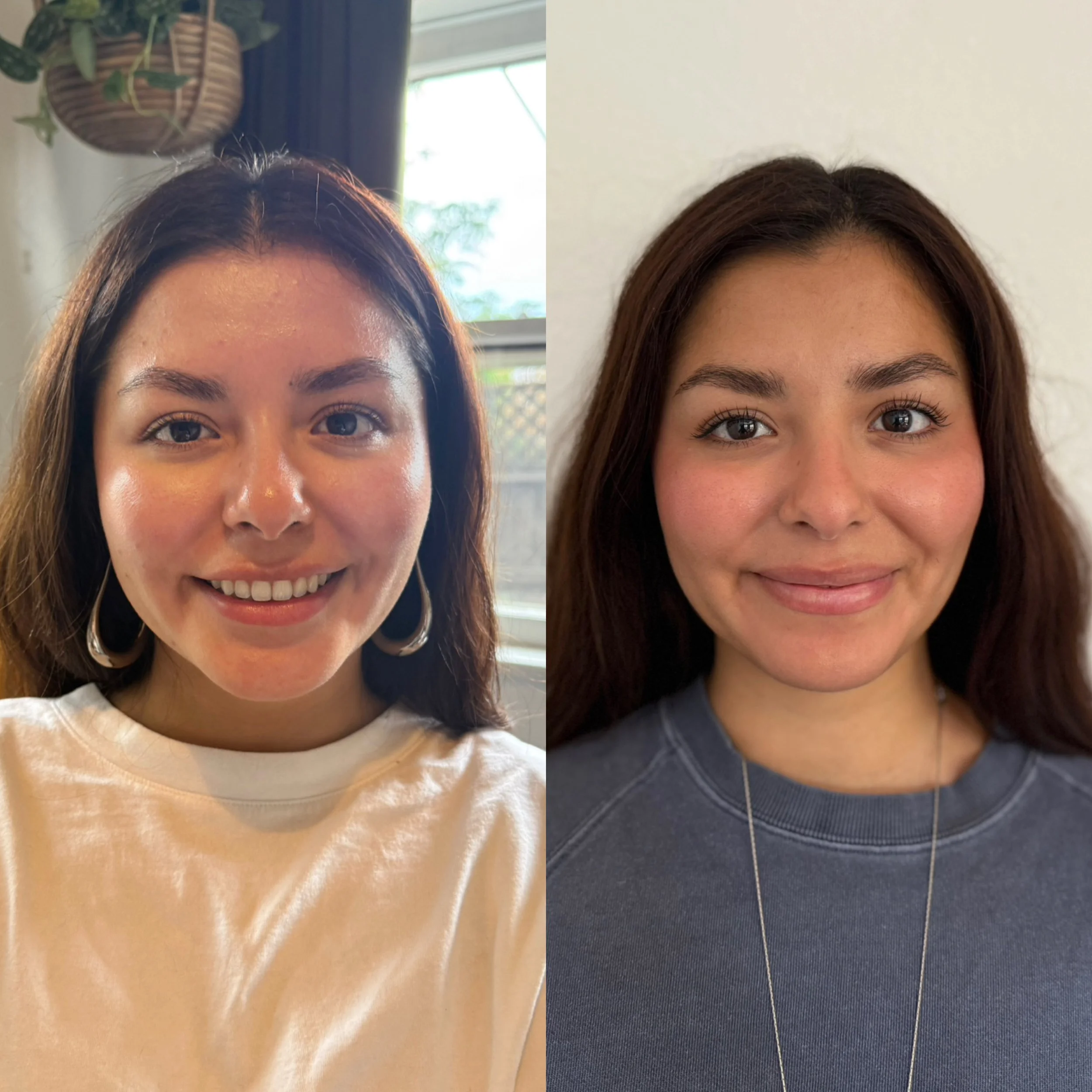 Side-by-side photos of a woman before and after a makeup transformation. In the first photo, she has no makeup, with natural skin, and is wearing a white t-shirt and hoop earrings. In the second photo, she has makeup applied, with a more polished loo
