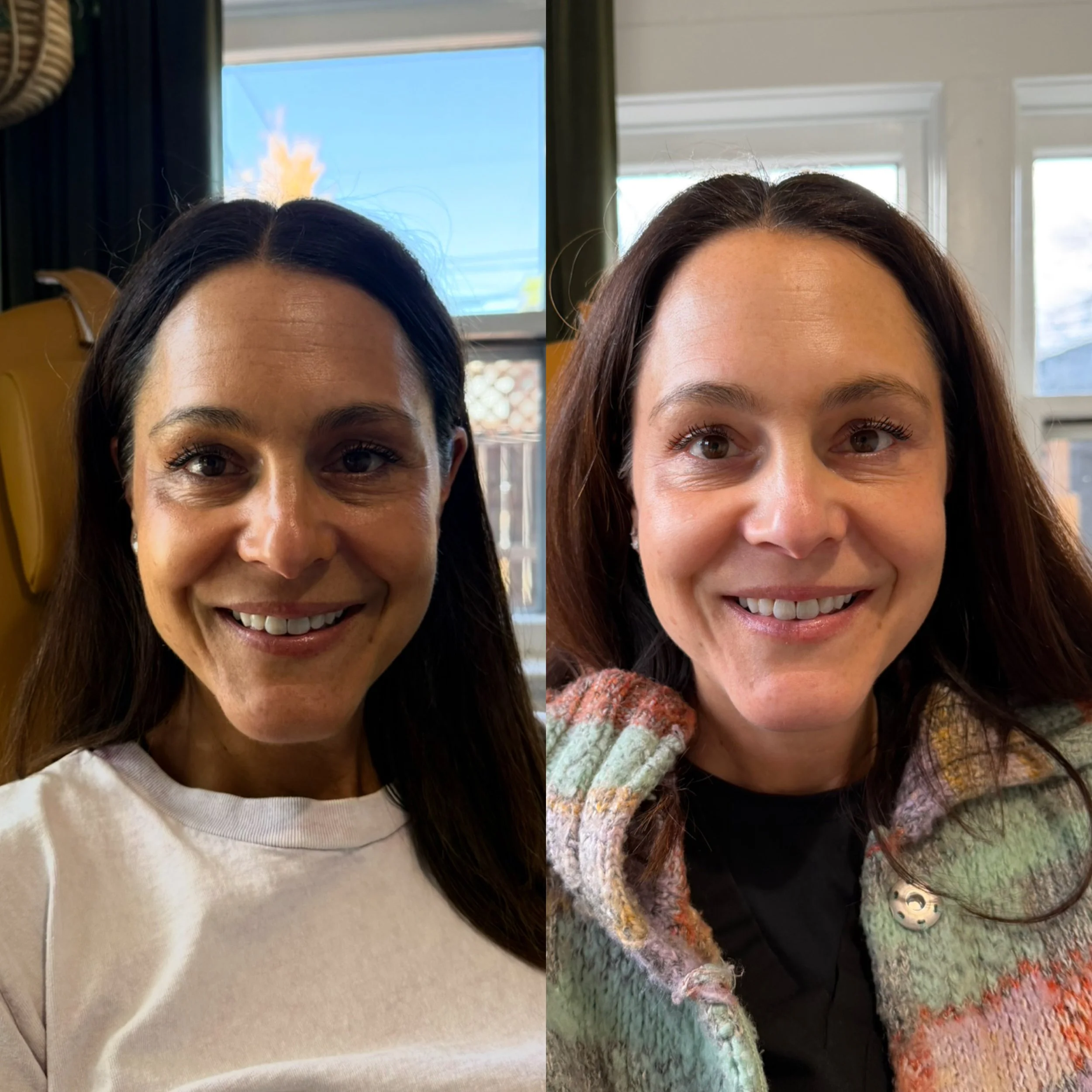Side-by-side photos of a woman with brown hair before and after a hair color transformation. Left: woman with darker brown hair and a cream top, yellow bag in background. Right: woman with lighter, reddish-brown hair wearing a colorful knit sweater, 
