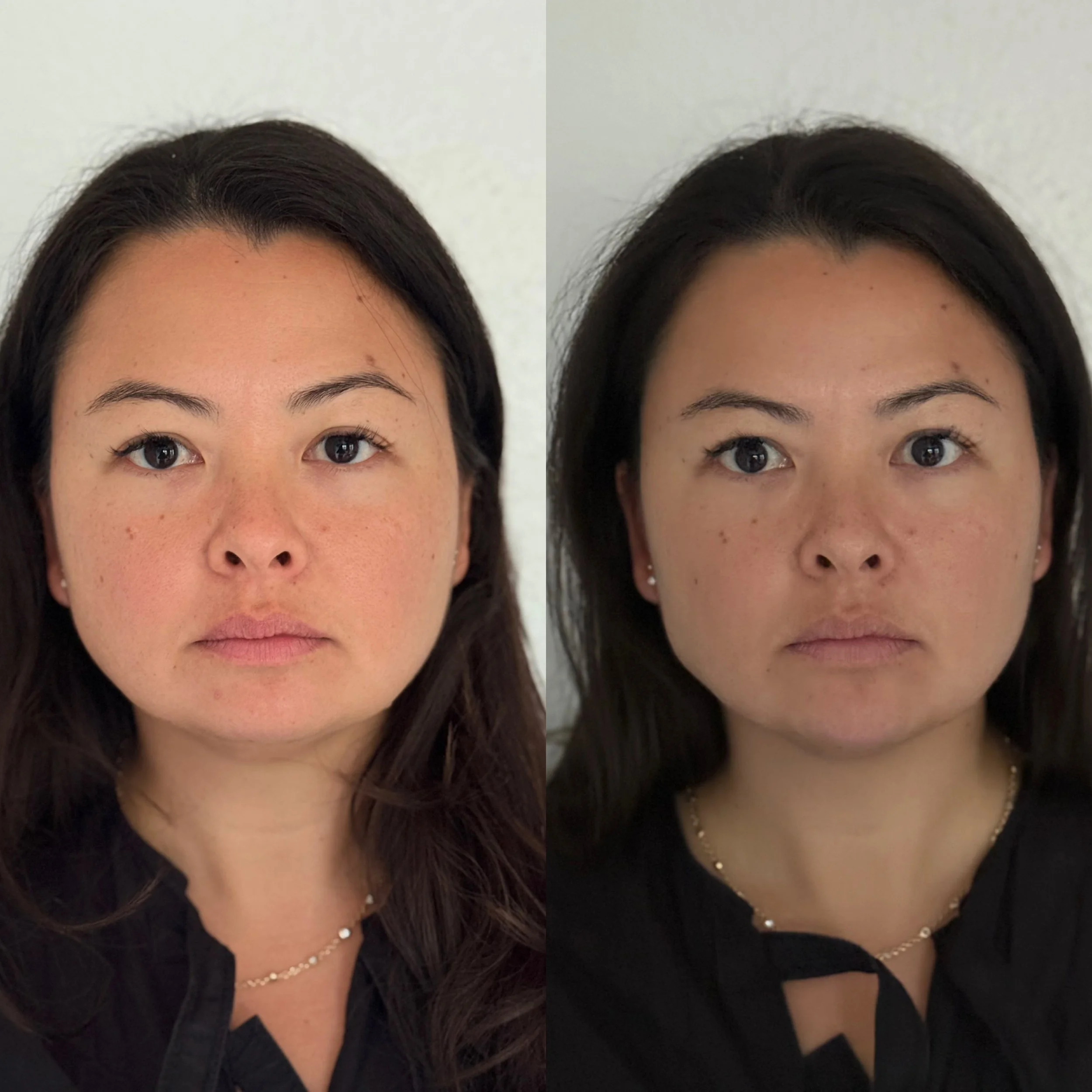 Side-by-side comparison photo showing a woman before and after makeup removal, with consistent facial expression and background.
