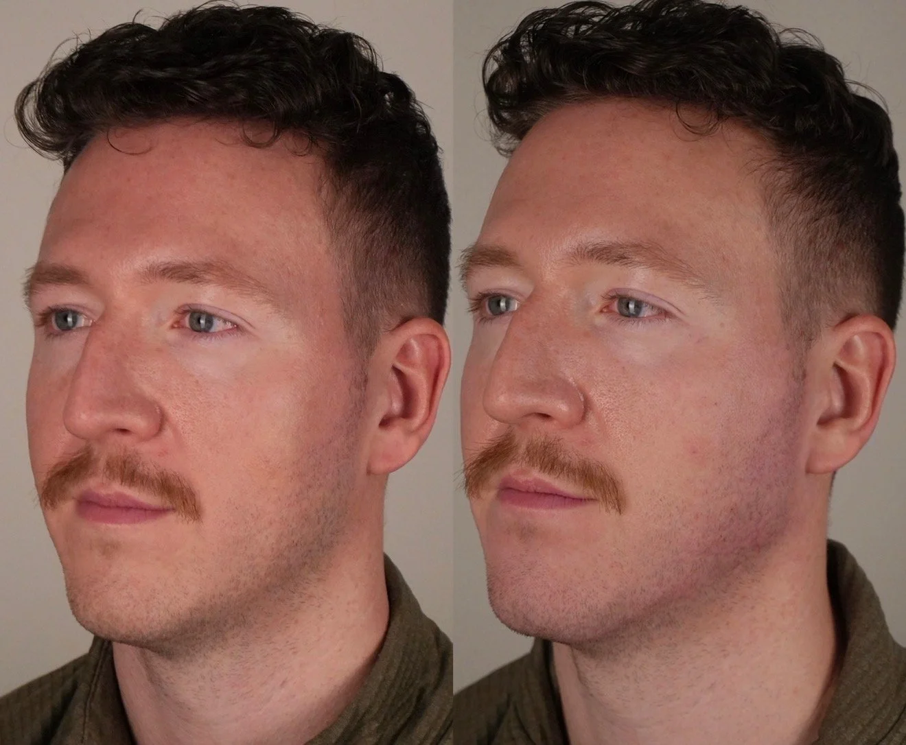 Side-by-side comparison of a young man with curly dark hair, blue eyes, and a light facial beard, showing different hairstyles or grooming styles.