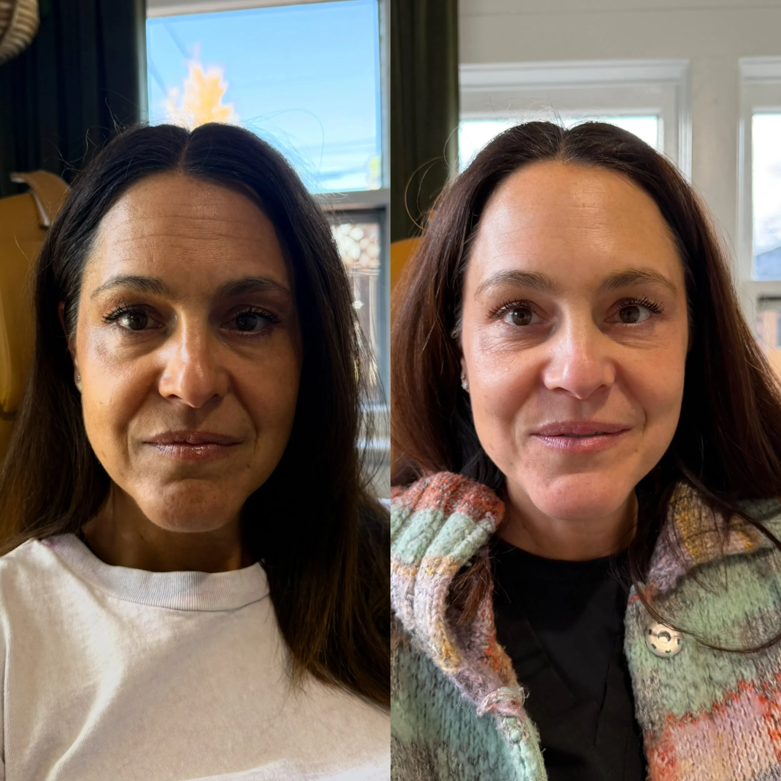 Side-by-side comparison of two women with brown hair, indoors near windows, with natural light, one wearing a white top and the other in a colorful sweater.
