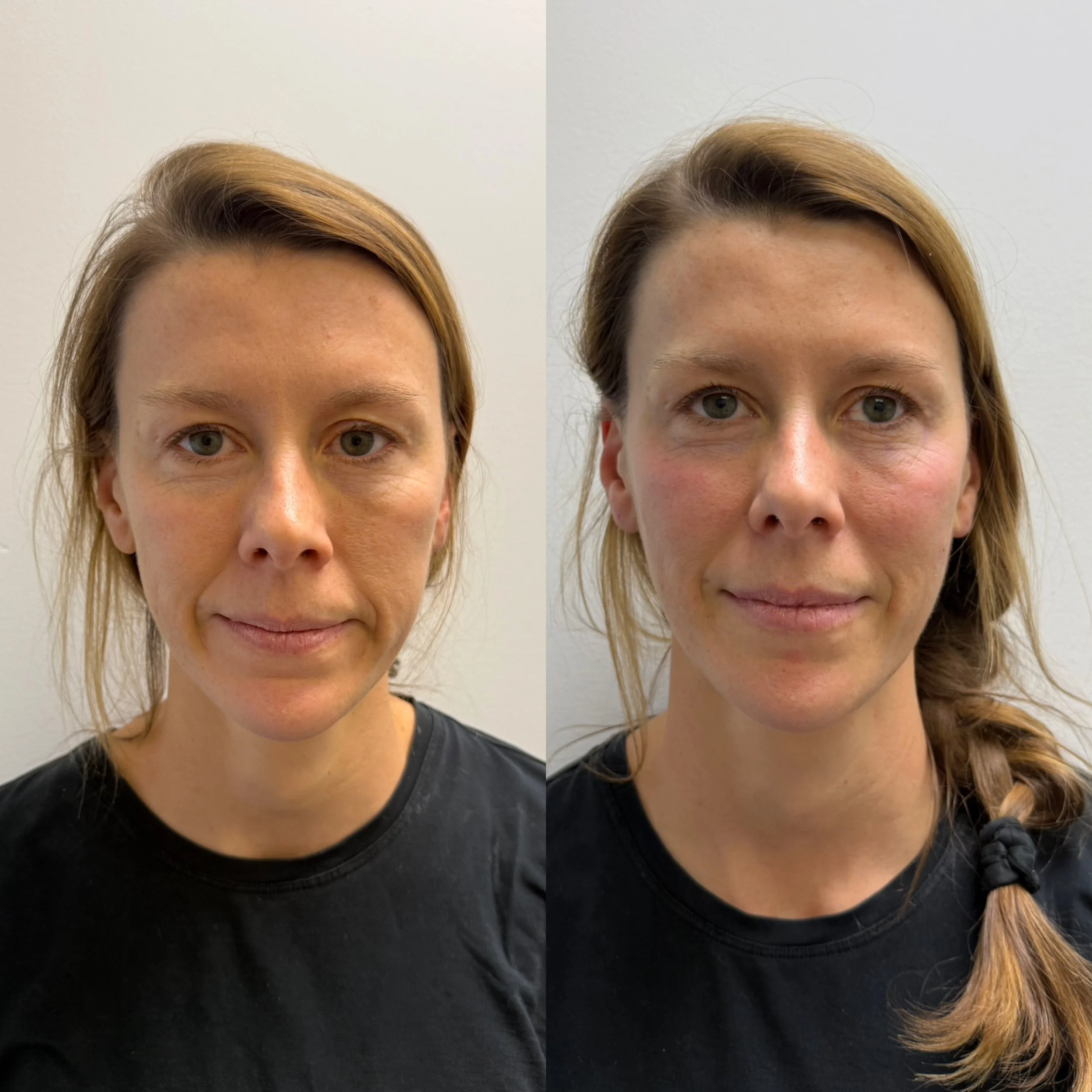 Side-by-side comparison of a woman with straight hair before and after a hair transformation, with the after photo showing her with wavy hair and a braid.