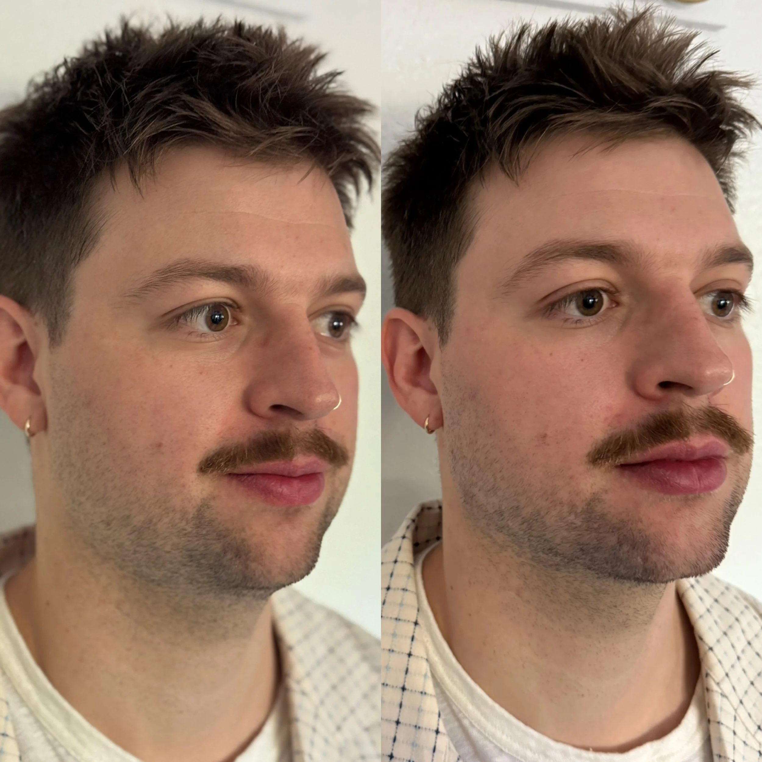 Comparison of a young man with short brown hair and a mustache, wearing earrings and a nose ring. The left side shows him with lighter, slightly tousled hair, and the right side with darker, more styled hair, both in close-up portraits.