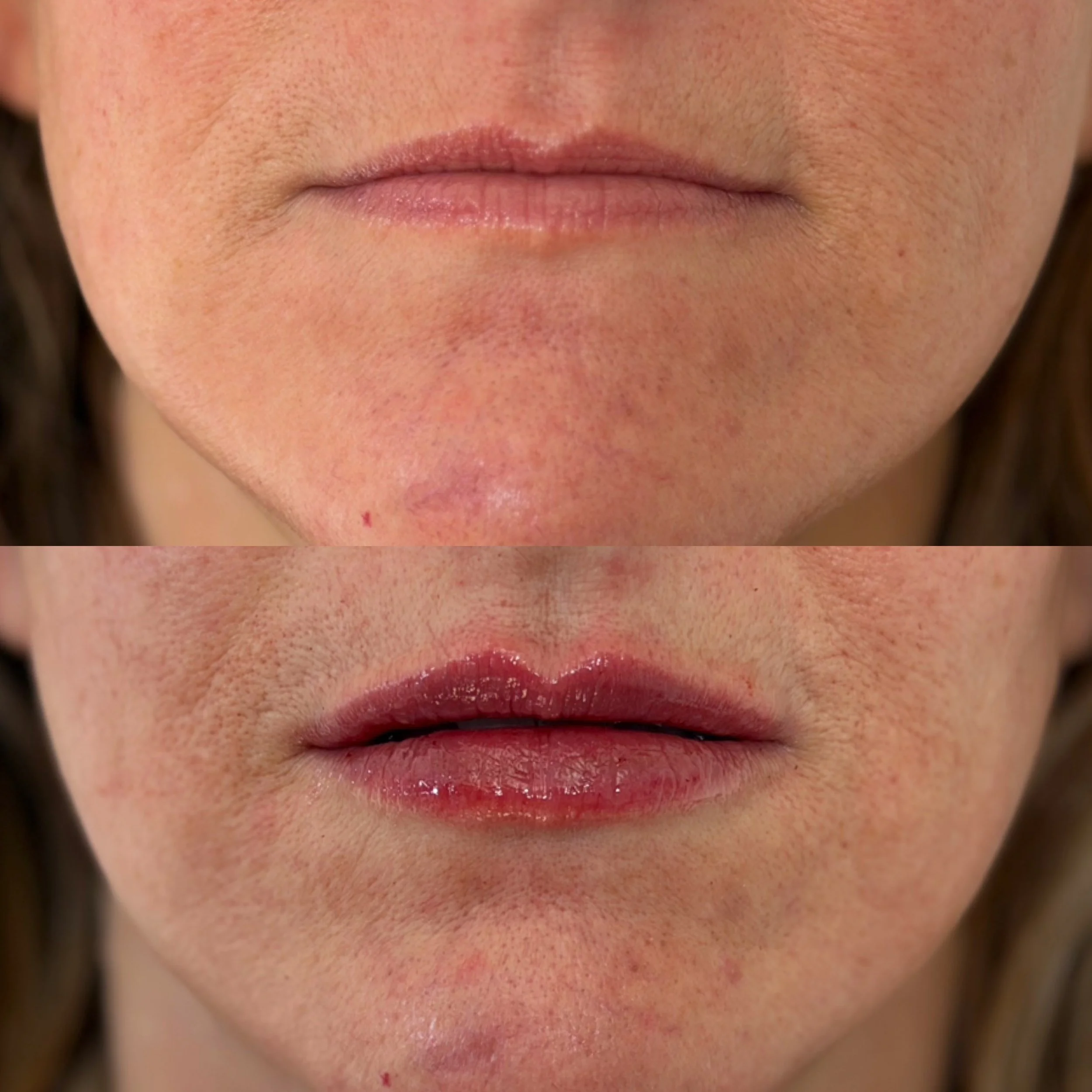 Close-up of a person's lips, showing a before and after comparison. The top image displays natural, unadorned lips, while the bottom image shows lips with glossy, red lipstick.
