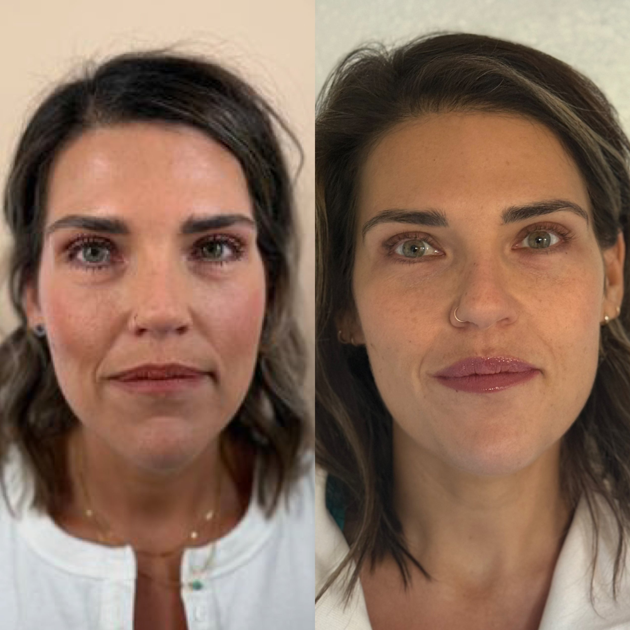 Side-by-side comparison of two women with different hairstyles and makeup, both facing forward and smiling slightly.