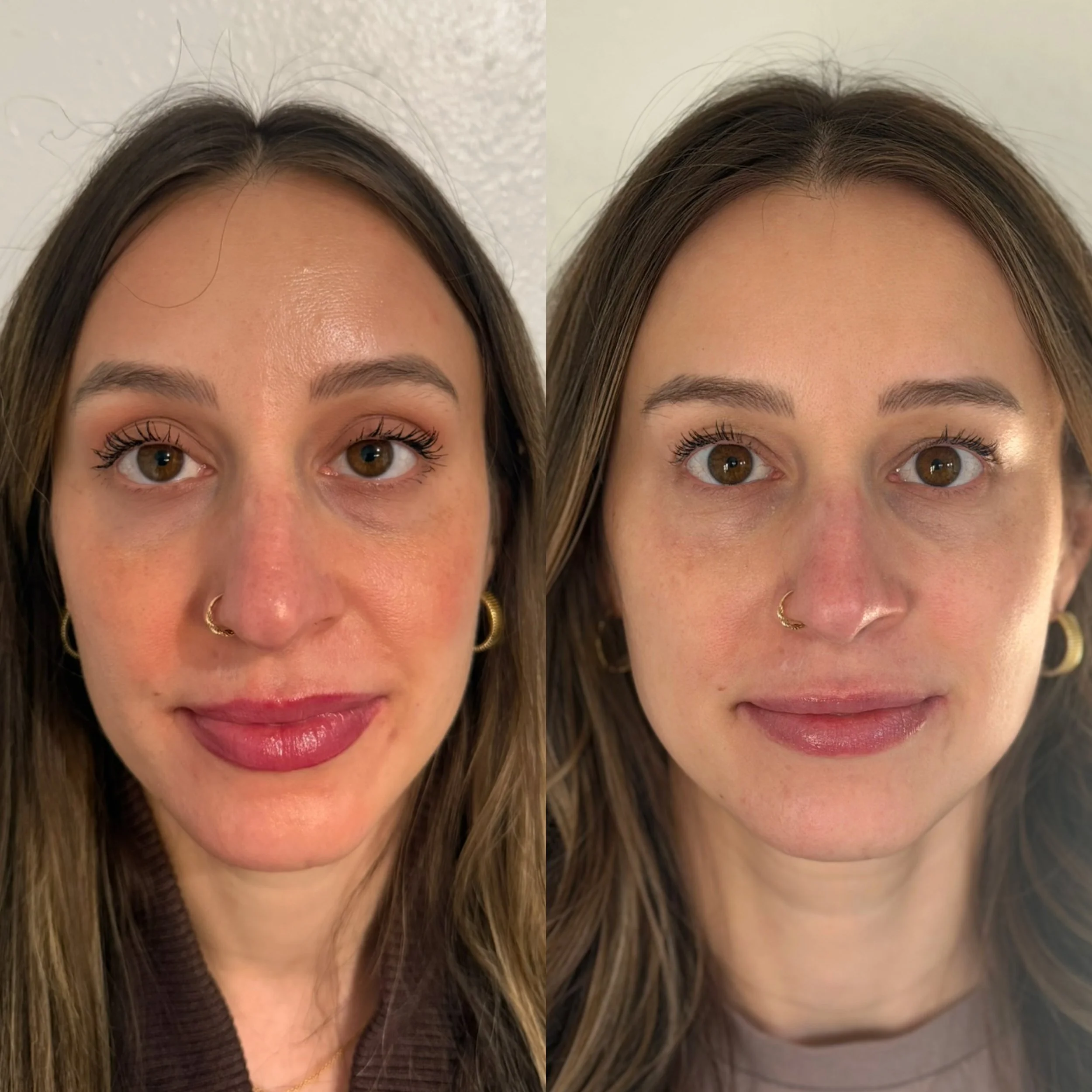 Side-by-side comparison of a woman's face before and after applying makeup, showing improved skin tone and enhanced features on the left and a natural look on the right.