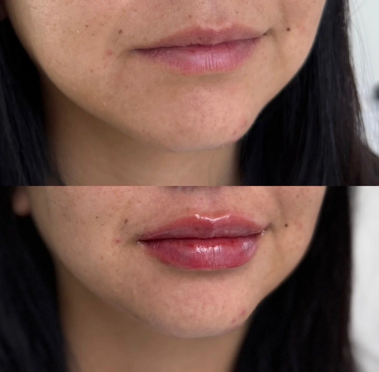 Comparison of lips before and after applying gloss, showing a natural look and a shiny, glossy finish.