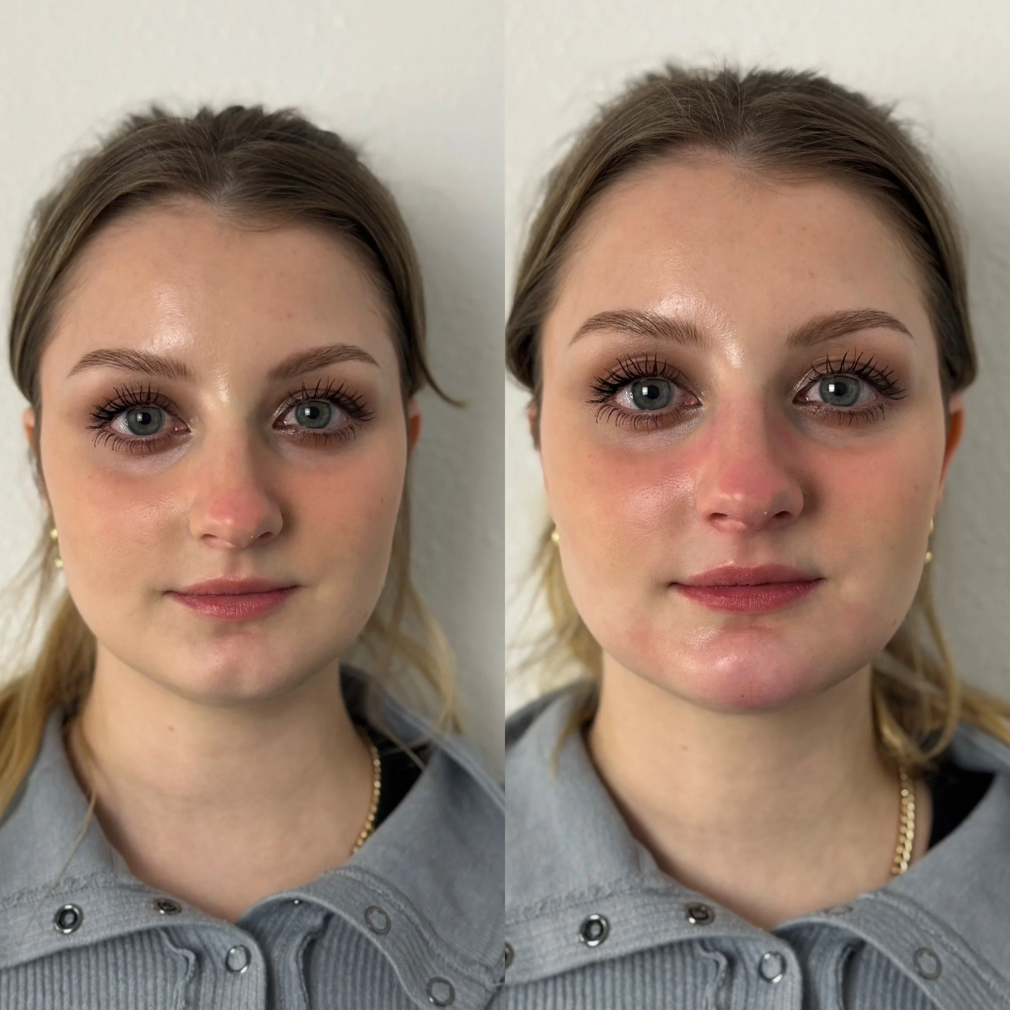 Before and after makeup application of a young woman with blue eyes, showing her face with enhanced eye makeup and natural skin.