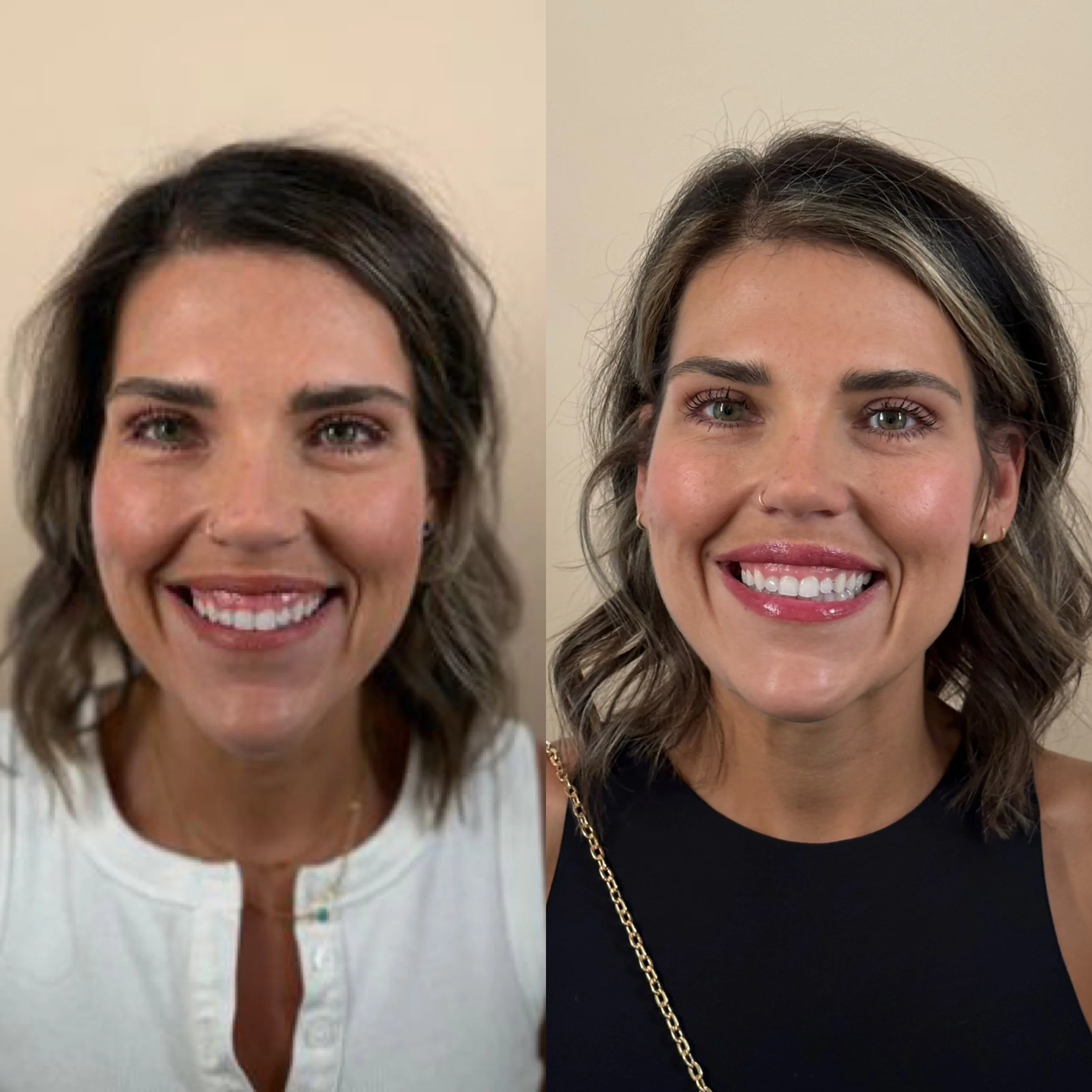 Side-by-side comparison of two women with similar hairstyles and smiles, one wearing a white top and the other in a black top with gold jewelry.