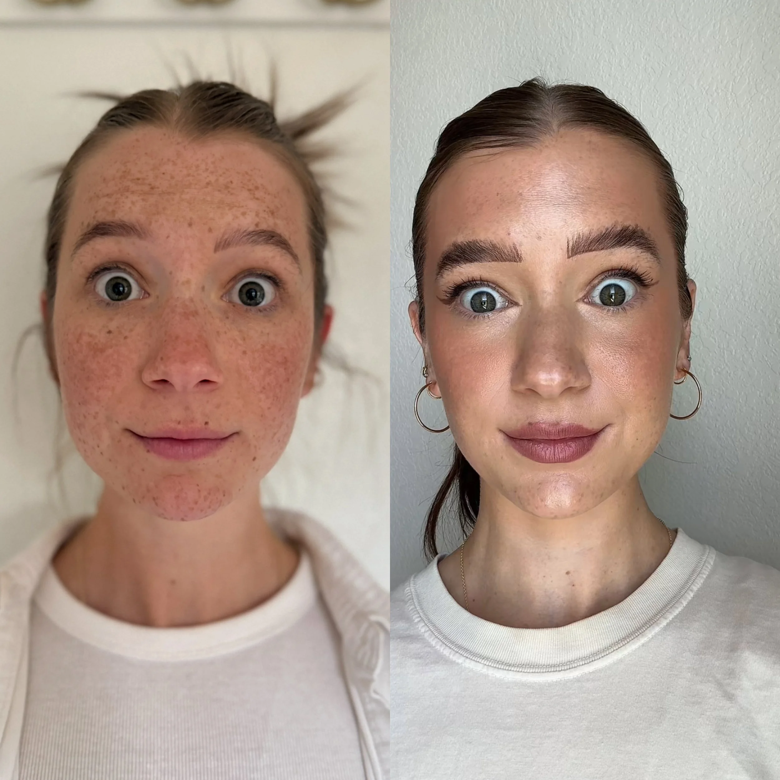 Side-by-side comparison of a woman before and after applying makeup. The left shows her with visible freckles and no makeup, and the right shows her with makeup, including foundation, eye makeup, and lipstick.