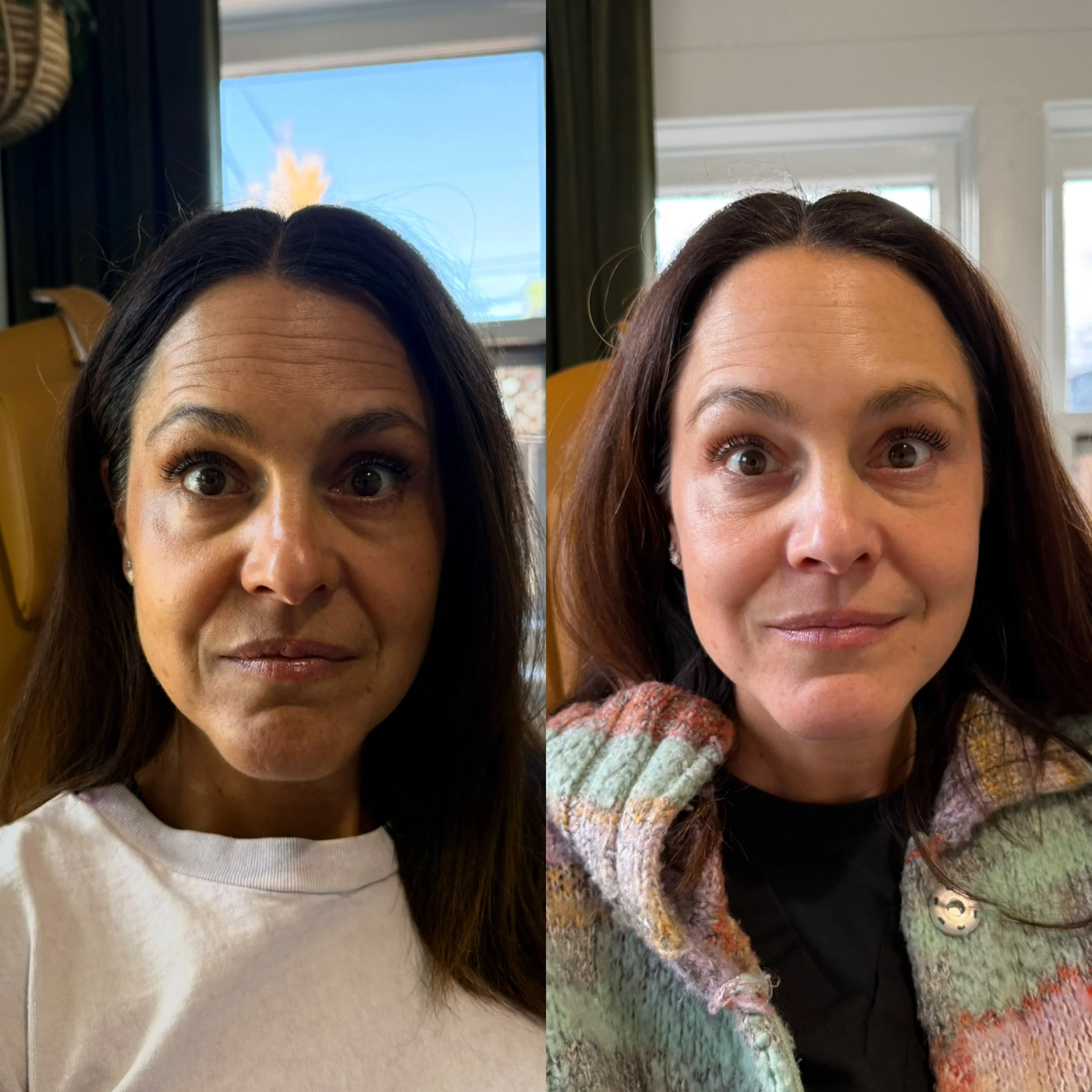 Side-by-side comparison of a woman before and after a hair color change, showing her with dark brown hair on the left and lighter brown hair on the right, both in an indoor setting.