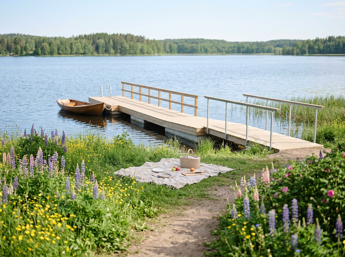 A lakeside scene with a wooden dock extending into calm water, surrounded by lush greenery and colorful wildflowers. There is a small boat tied to the dock, and a picnic setup with plates, a basket, and fruits on a blanket on the grass.