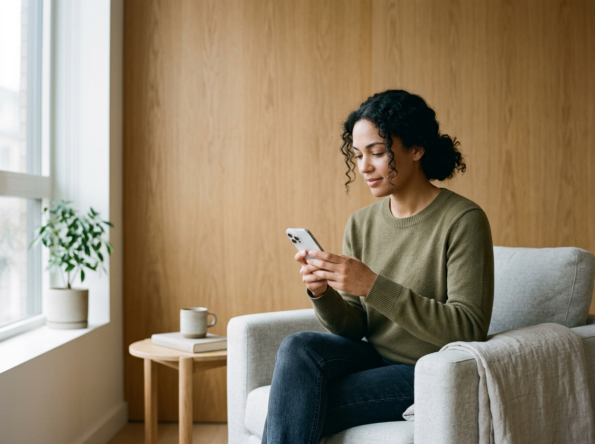 A woman sitting on a light-colored sofa in a living room, using her smartphone.